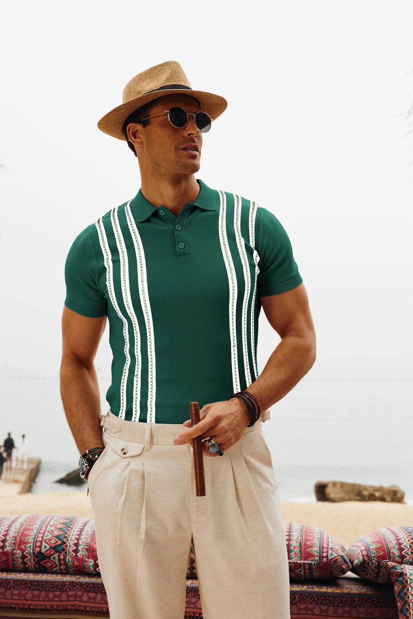 Men's Vintage Stripe Knitted Polo Pullover Shirts Short Sleeve Golf Knit Mens Polo Shirt - Image 5