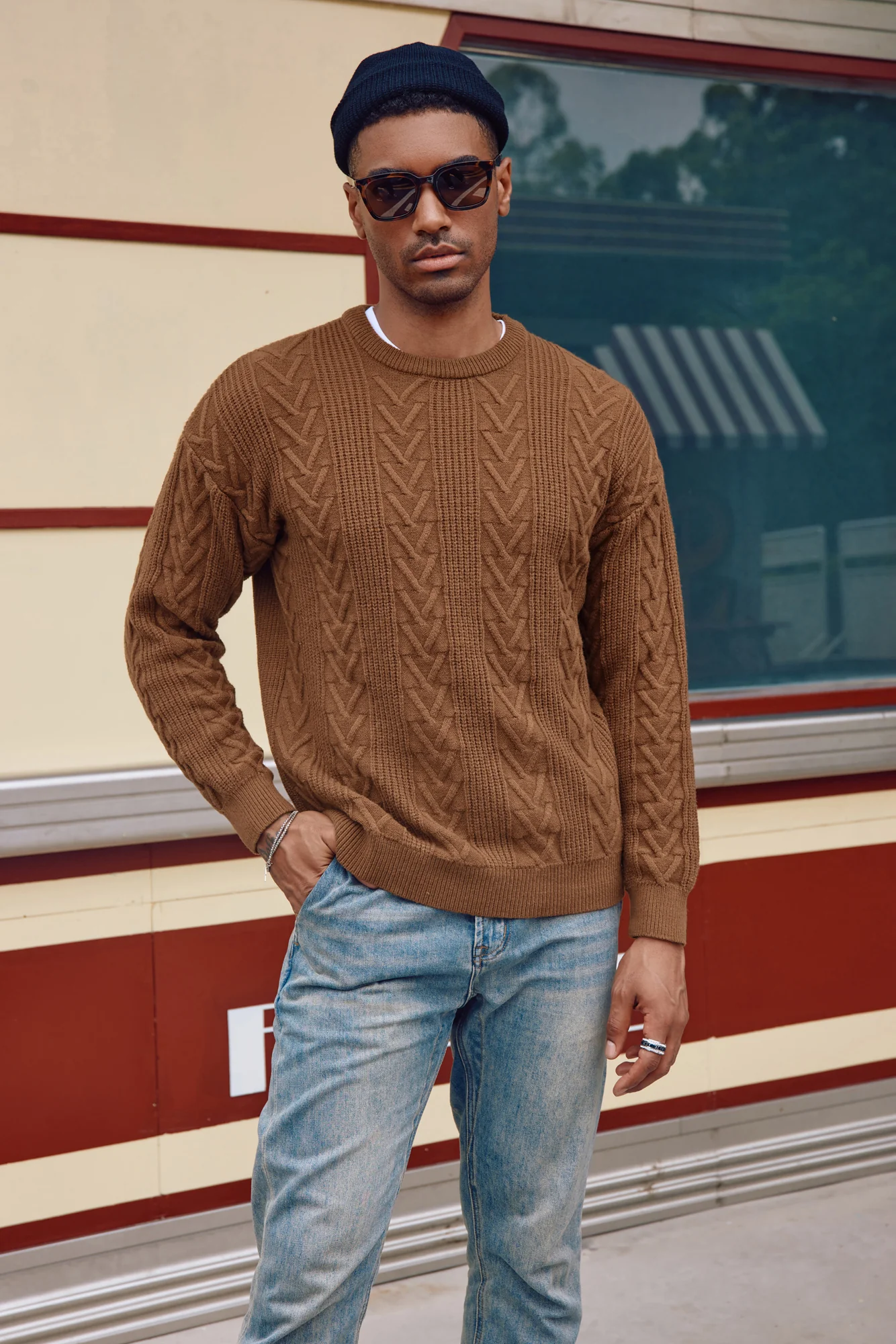 Mens Crewneck Sweater Casual Cable Knit Pullover Sweater Drop Shoulder Solid Knitted Sweaters - Image 10