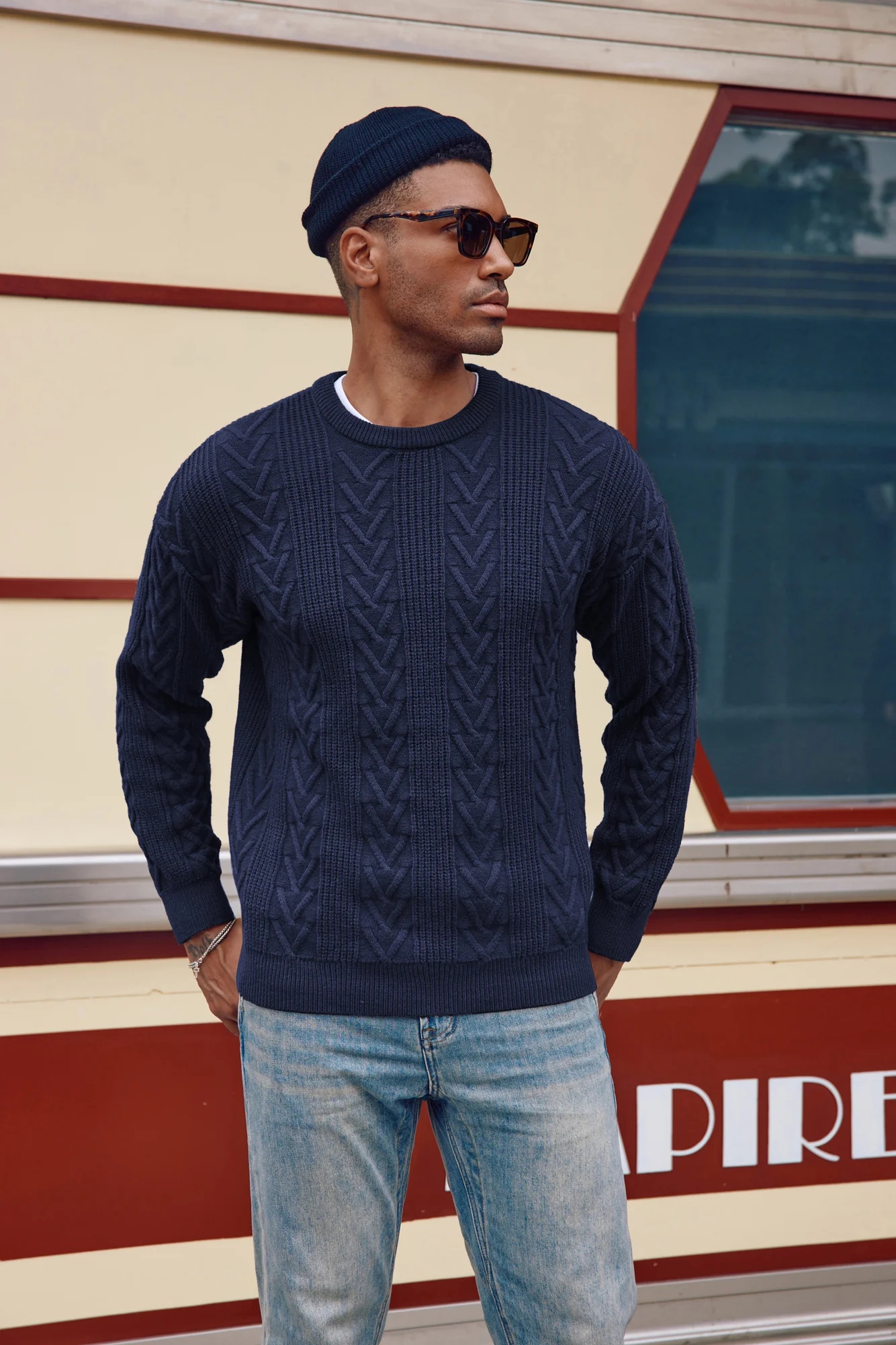 Mens Crewneck Sweater Casual Cable Knit Pullover Sweater Drop Shoulder Solid Knitted Sweaters - Image 14