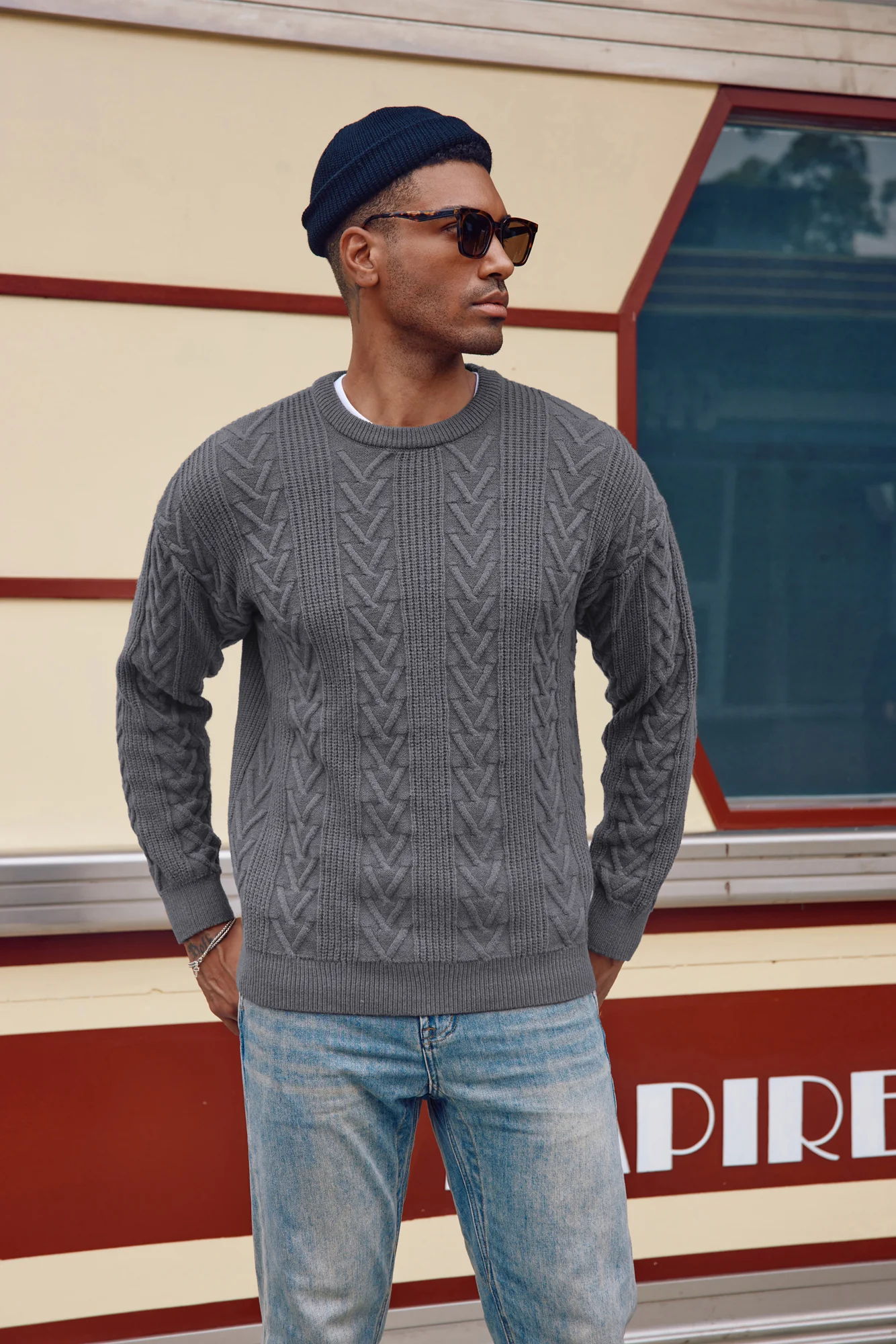 Mens Crewneck Sweater Casual Cable Knit Pullover Sweater Drop Shoulder Solid Knitted Sweaters - Image 17