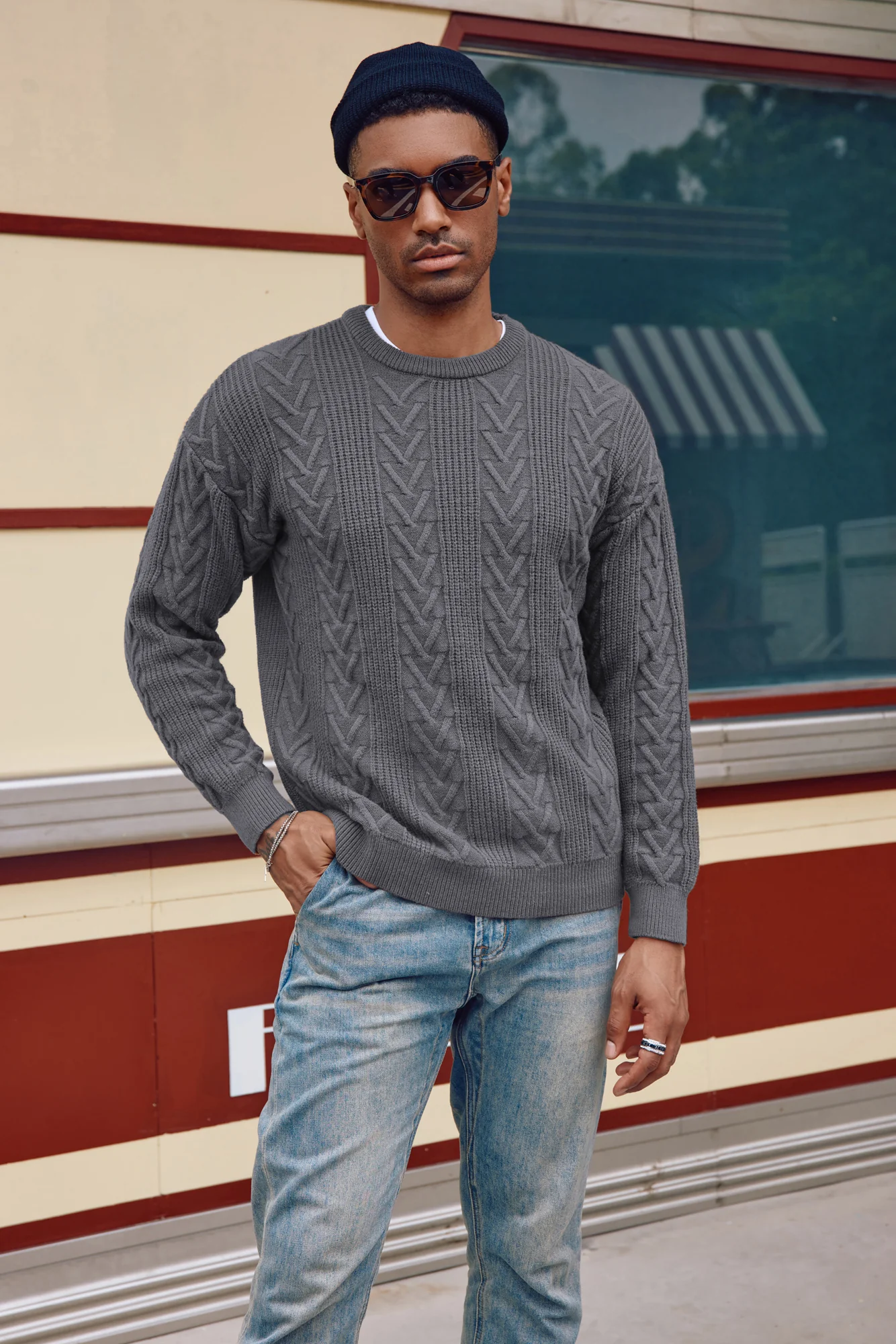 Mens Crewneck Sweater Casual Cable Knit Pullover Sweater Drop Shoulder Solid Knitted Sweaters - Image 19