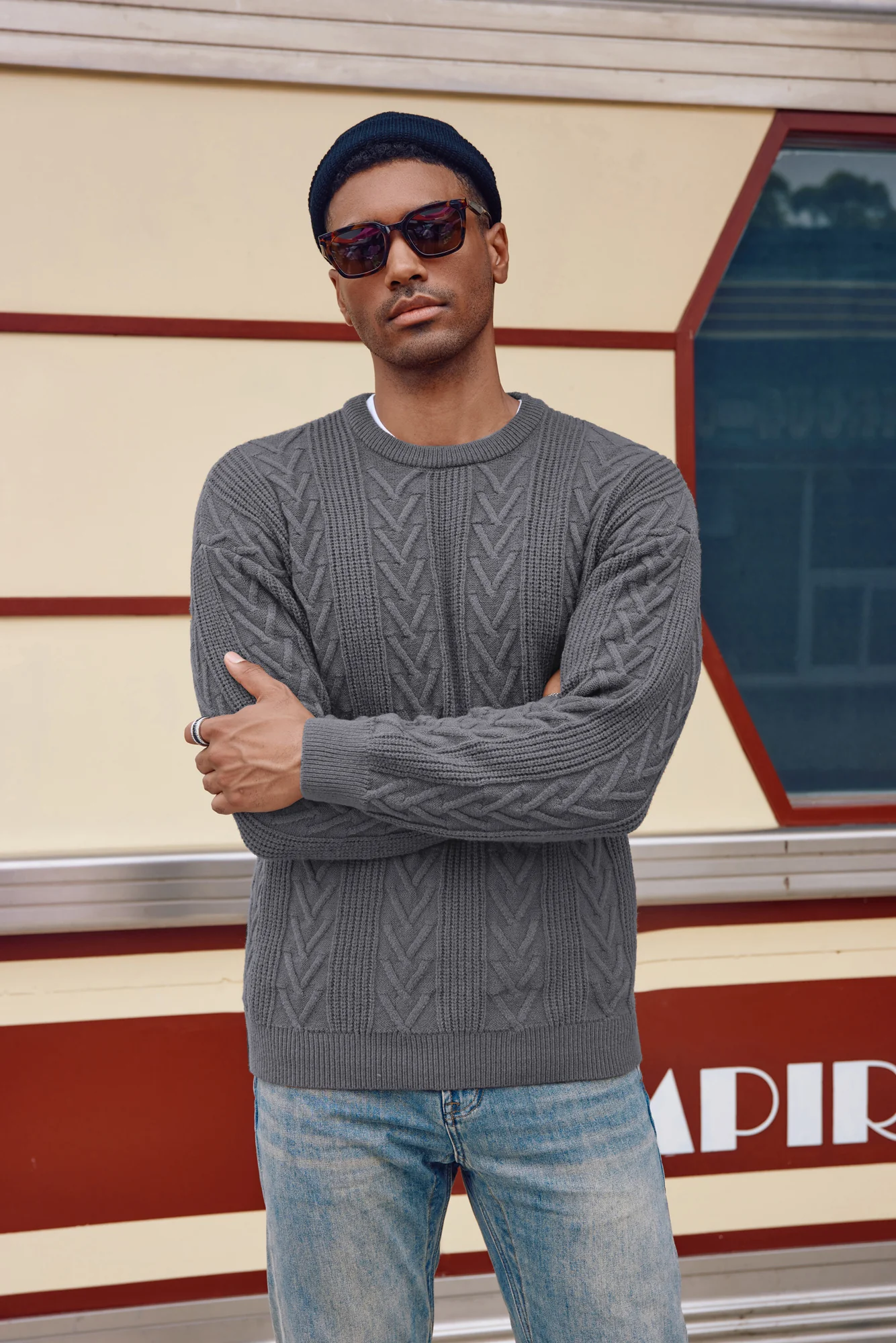 Mens Crewneck Sweater Casual Cable Knit Pullover Sweater Drop Shoulder Solid Knitted Sweaters - Image 20