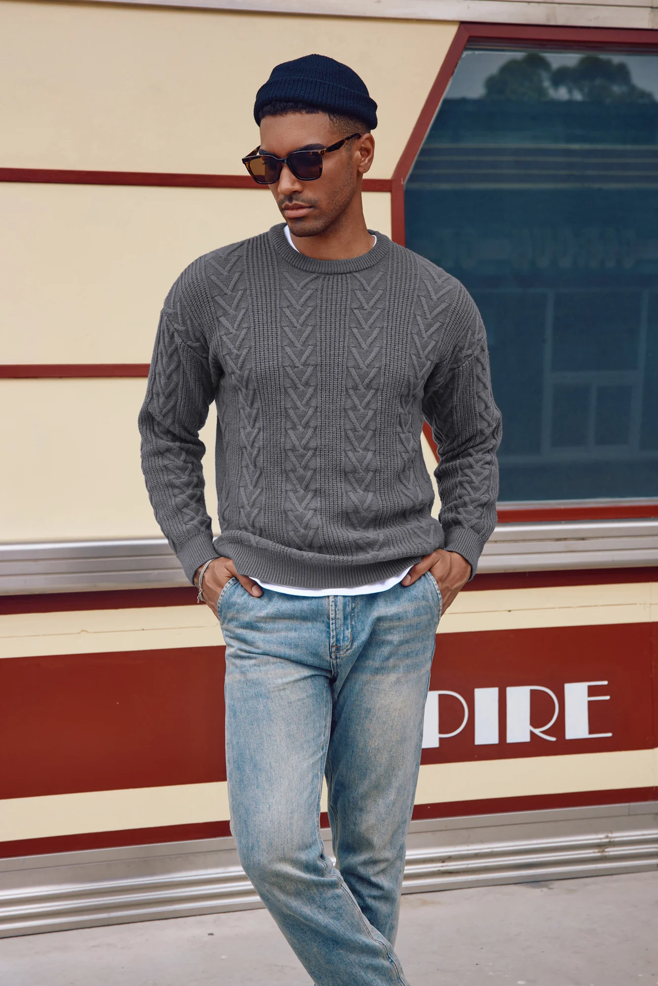 Mens Crewneck Sweater Casual Cable Knit Pullover Sweater Drop Shoulder Solid Knitted Sweaters - Image 21