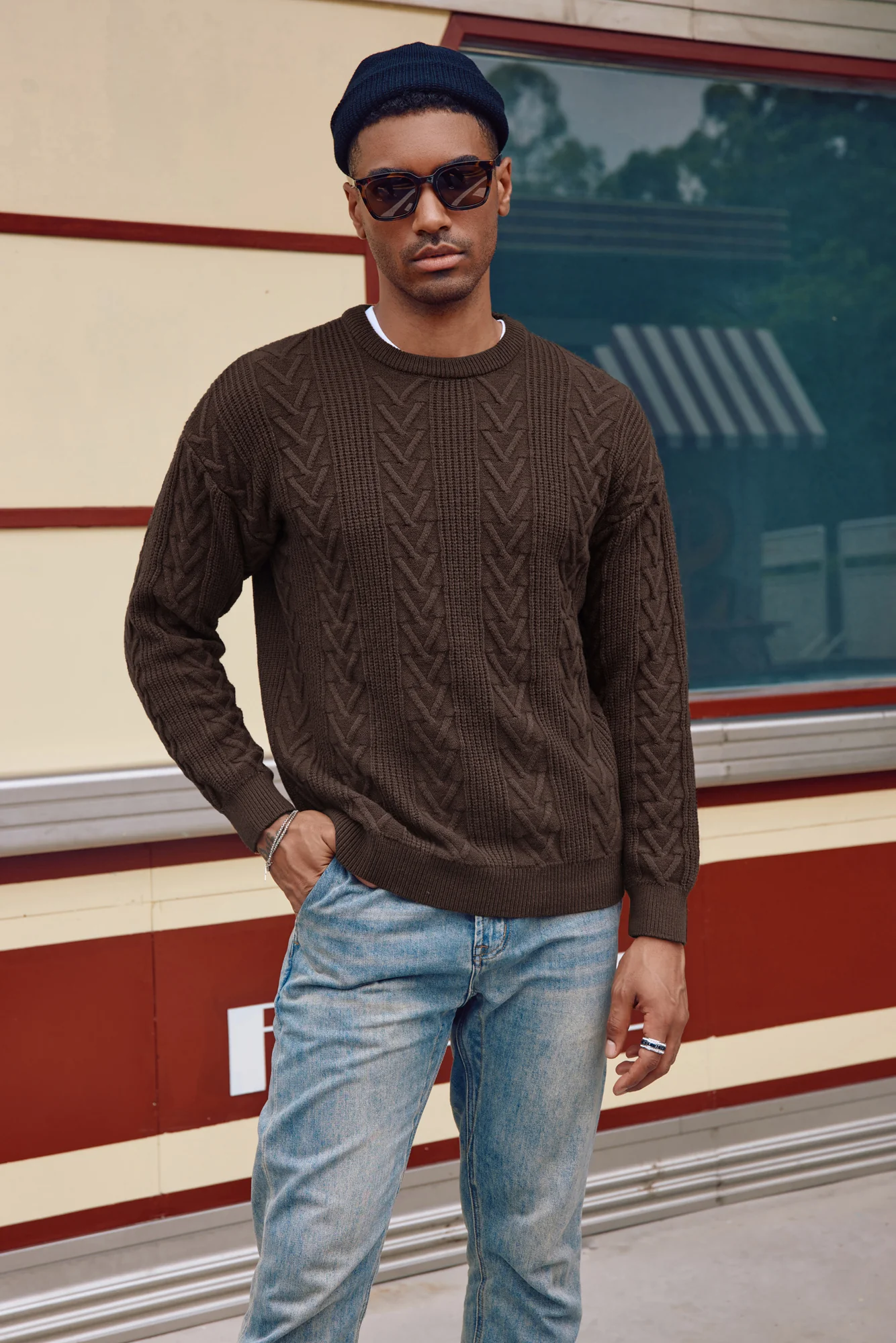 Mens Crewneck Sweater Casual Cable Knit Pullover Sweater Drop Shoulder Solid Knitted Sweaters - Image 24