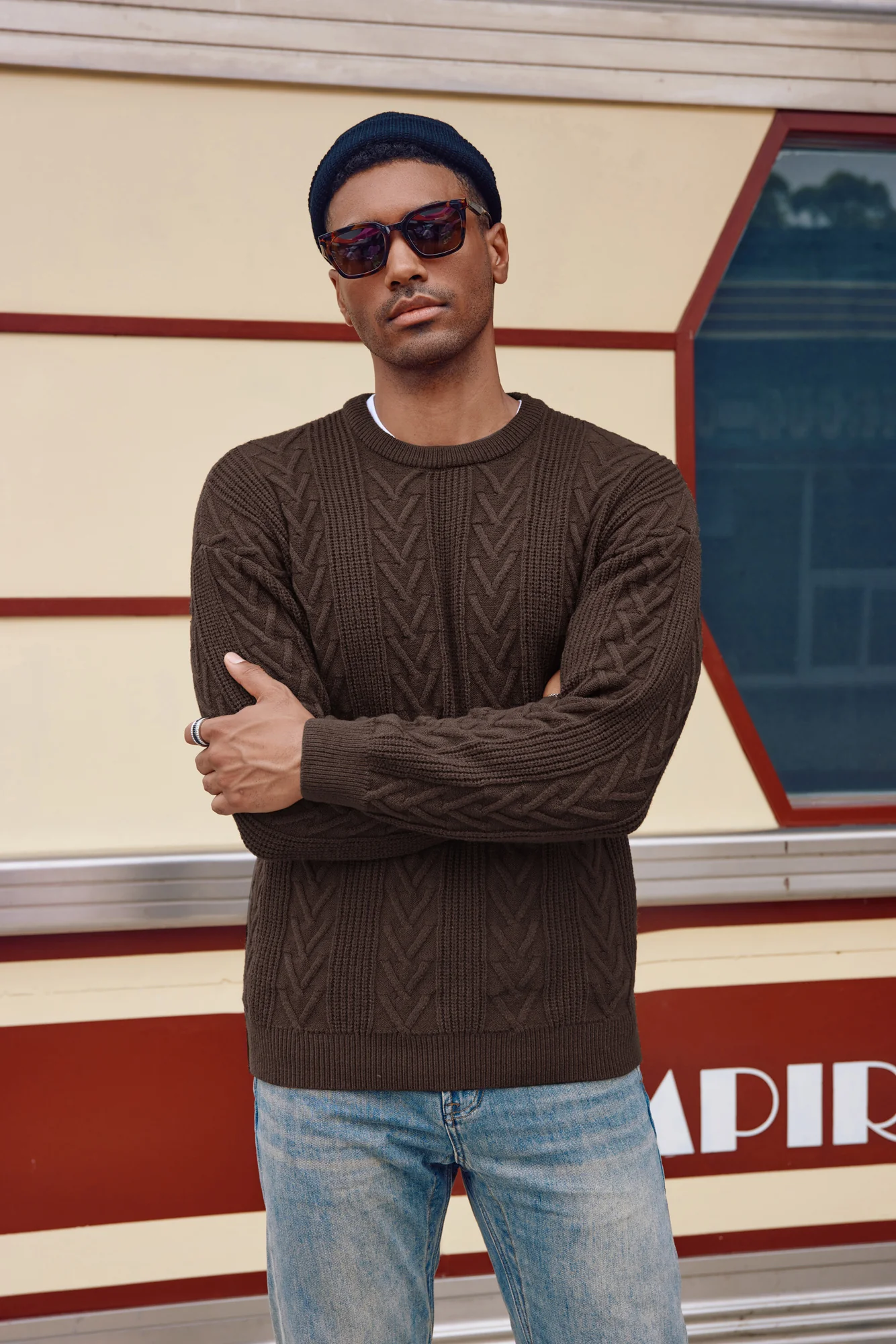 Mens Crewneck Sweater Casual Cable Knit Pullover Sweater Drop Shoulder Solid Knitted Sweaters - Image 25