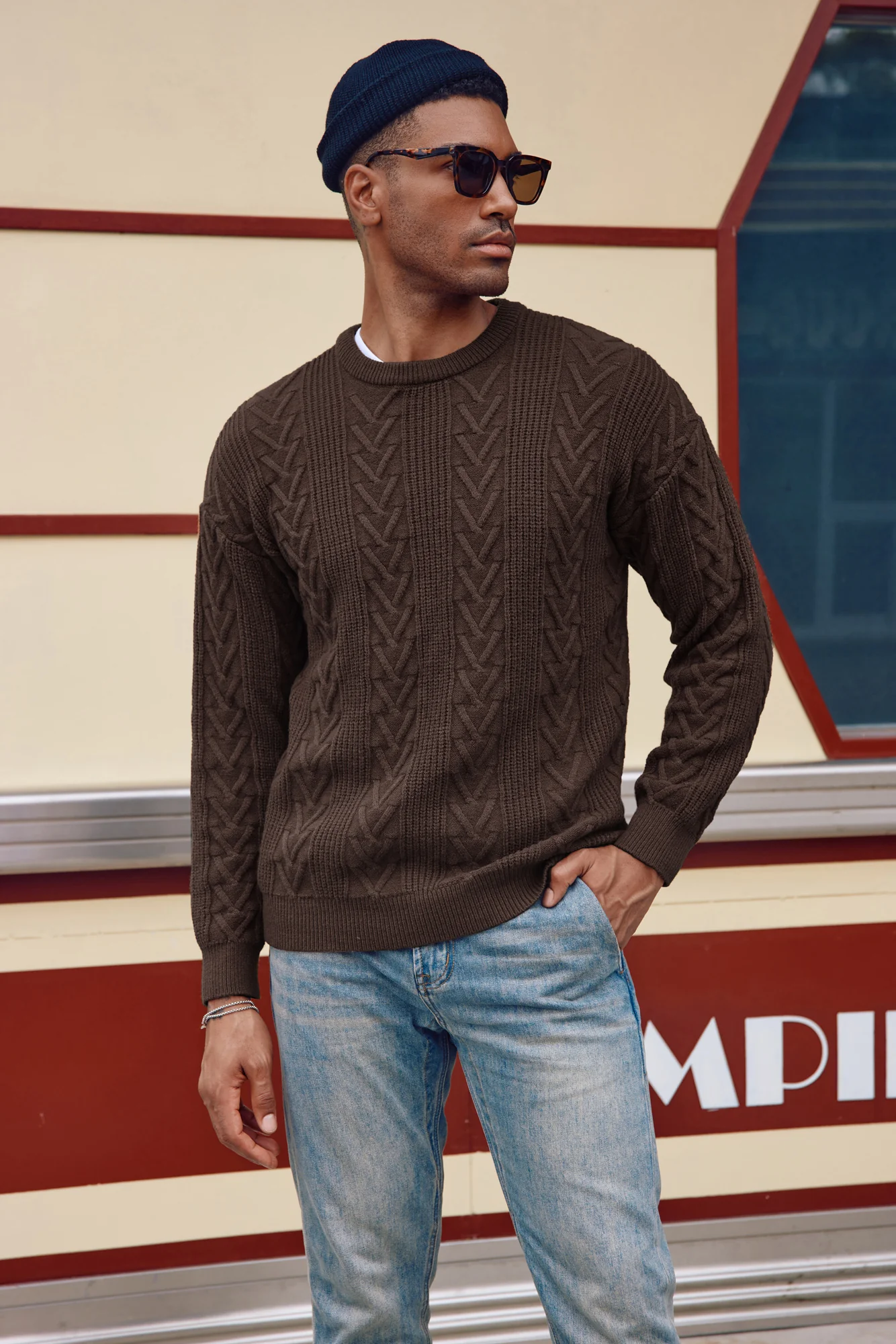 Mens Crewneck Sweater Casual Cable Knit Pullover Sweater Drop Shoulder Solid Knitted Sweaters - Image 26