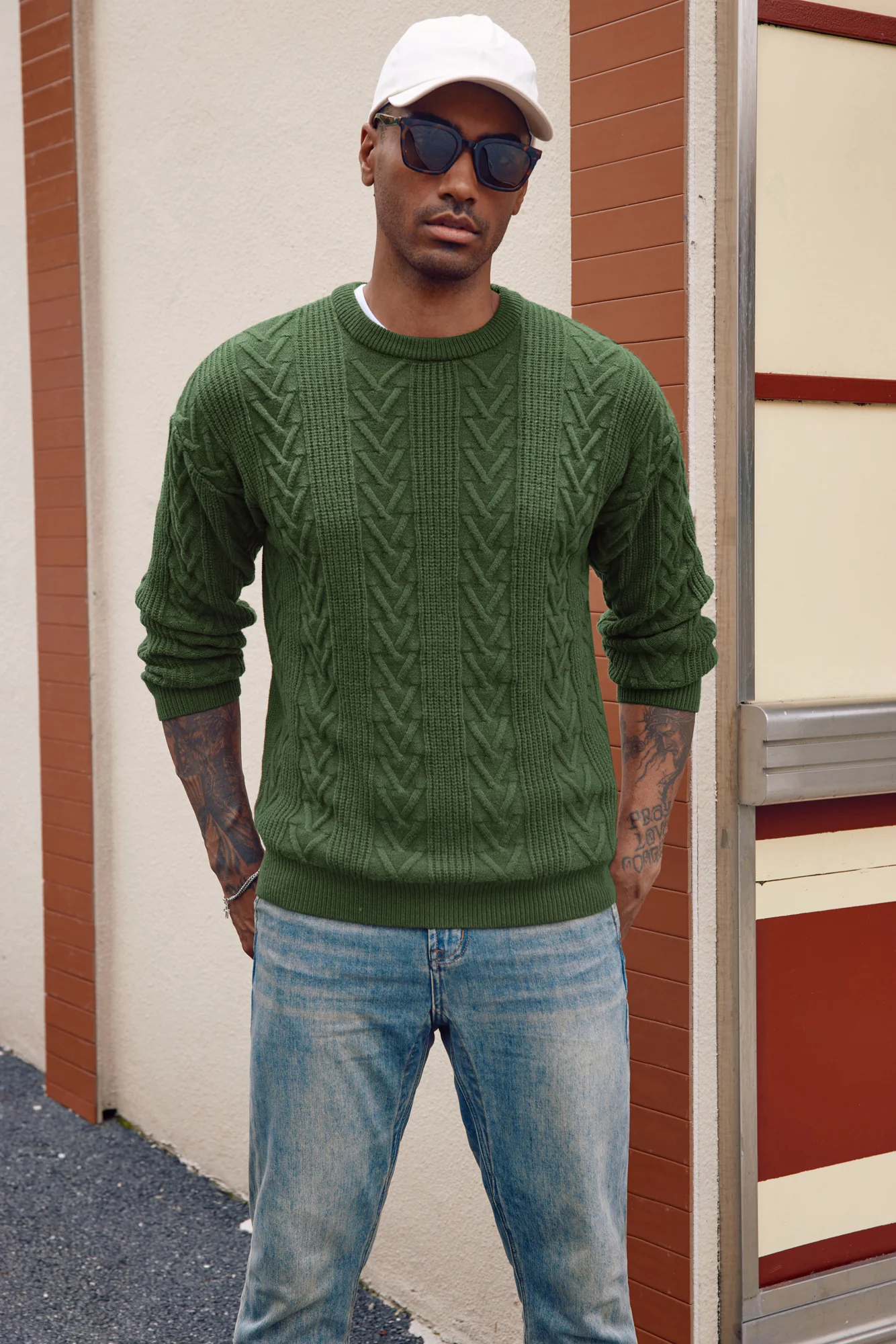 Mens Crewneck Sweater Casual Cable Knit Pullover Sweater Drop Shoulder Solid Knitted Sweaters - Image 28