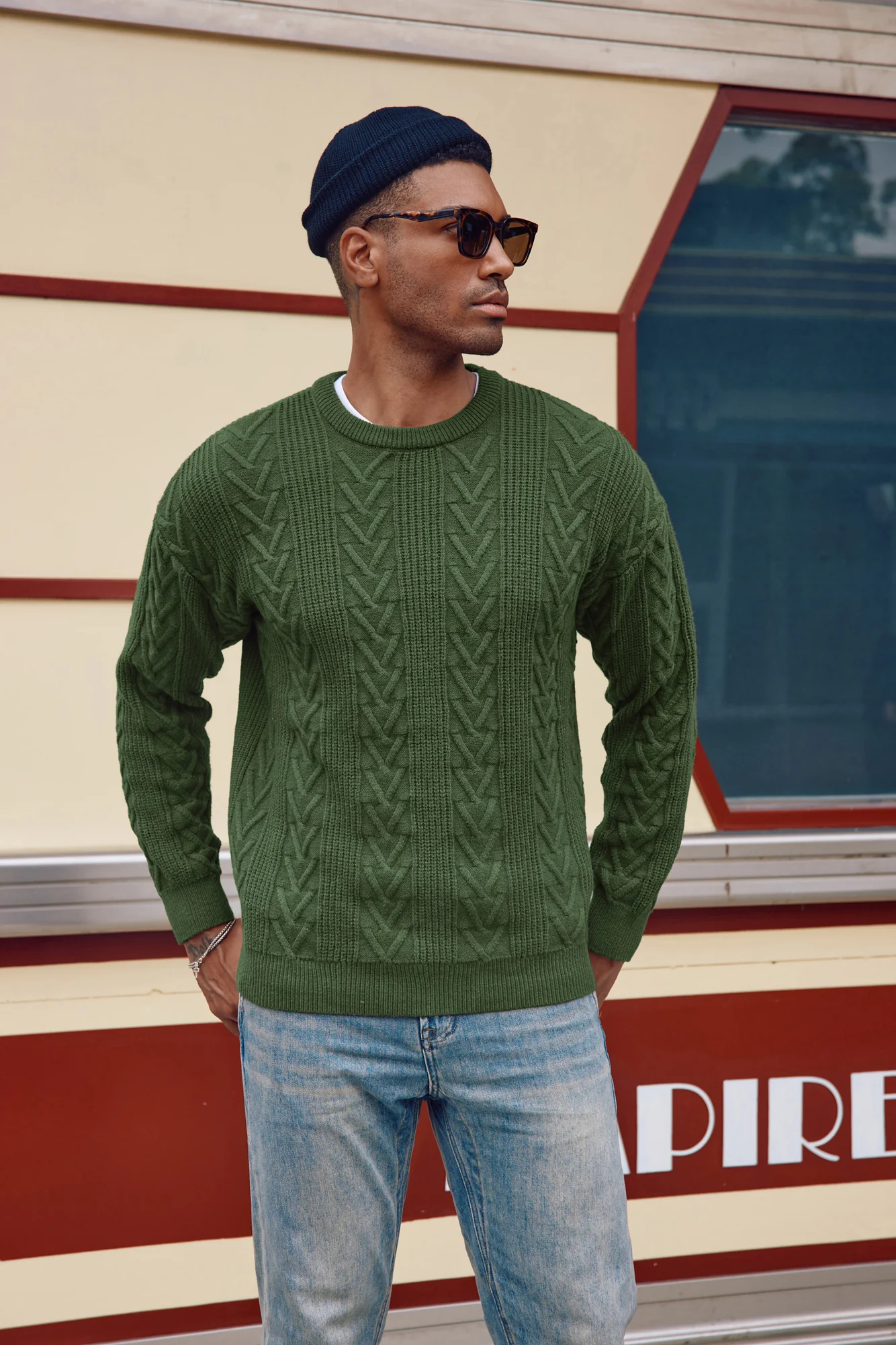 Mens Crewneck Sweater Casual Cable Knit Pullover Sweater Drop Shoulder Solid Knitted Sweaters - Image 29