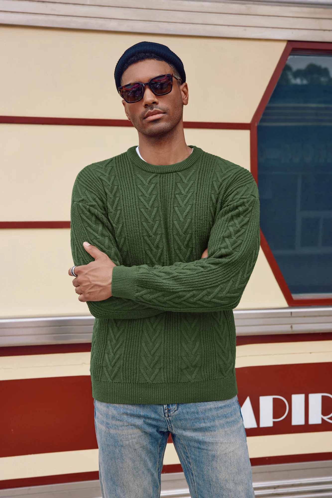 Mens Crewneck Sweater Casual Cable Knit Pullover Sweater Drop Shoulder Solid Knitted Sweaters - Image 31
