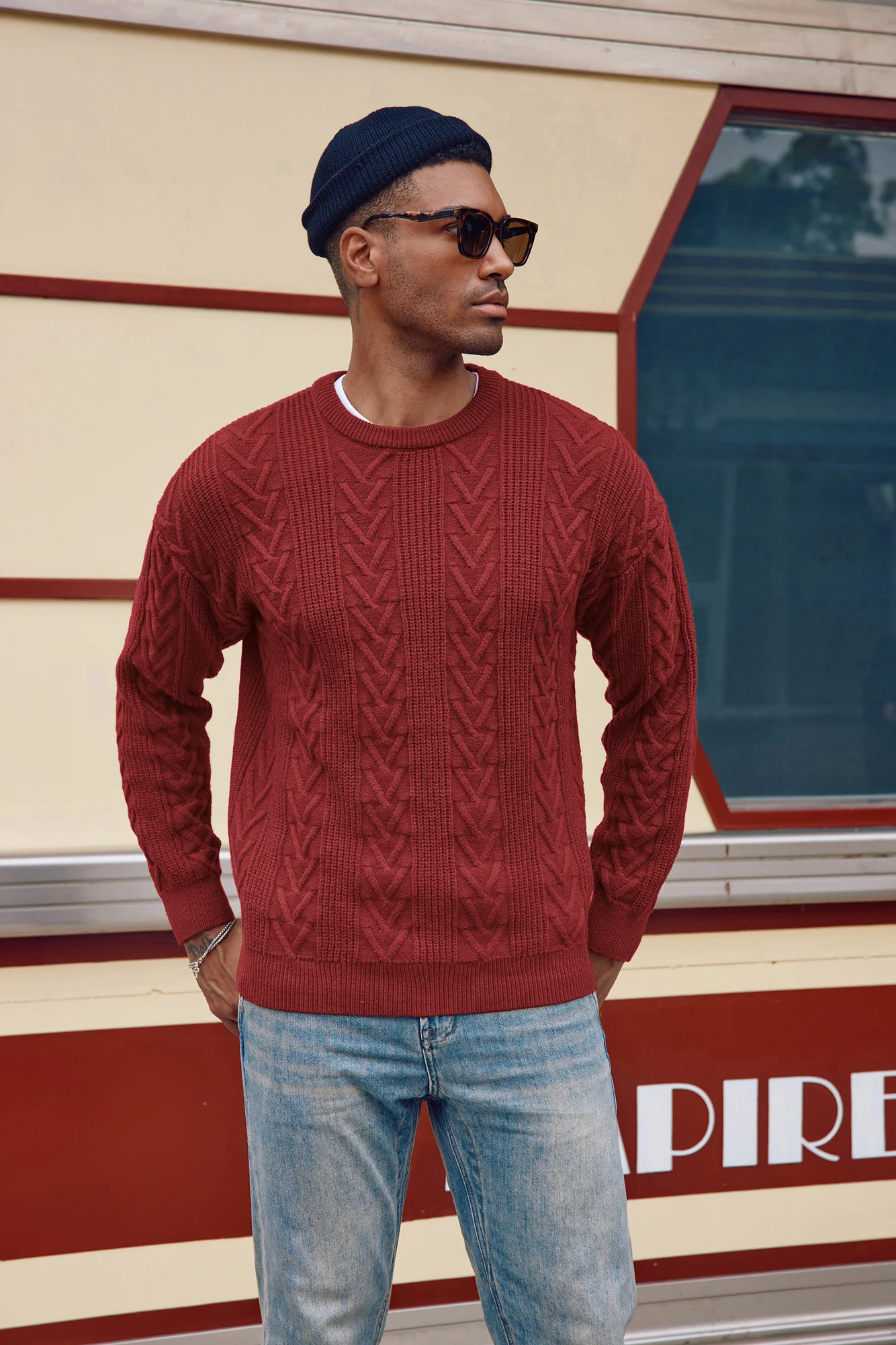 Mens Crewneck Sweater Casual Cable Knit Pullover Sweater Drop Shoulder Solid Knitted Sweaters - Image 32