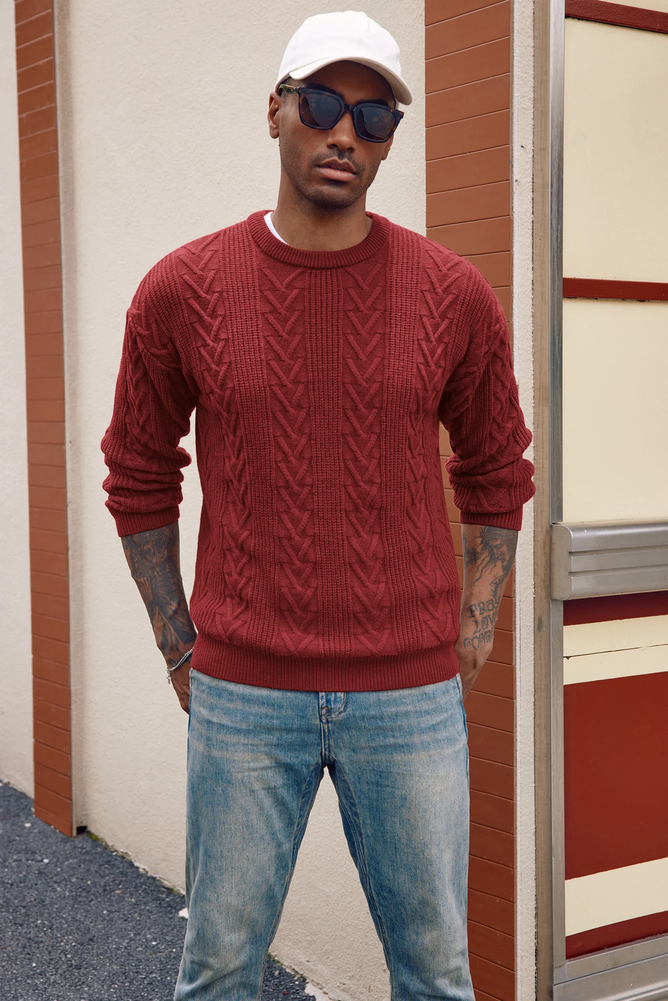 Mens Crewneck Sweater Casual Cable Knit Pullover Sweater Drop Shoulder Solid Knitted Sweaters - Image 34