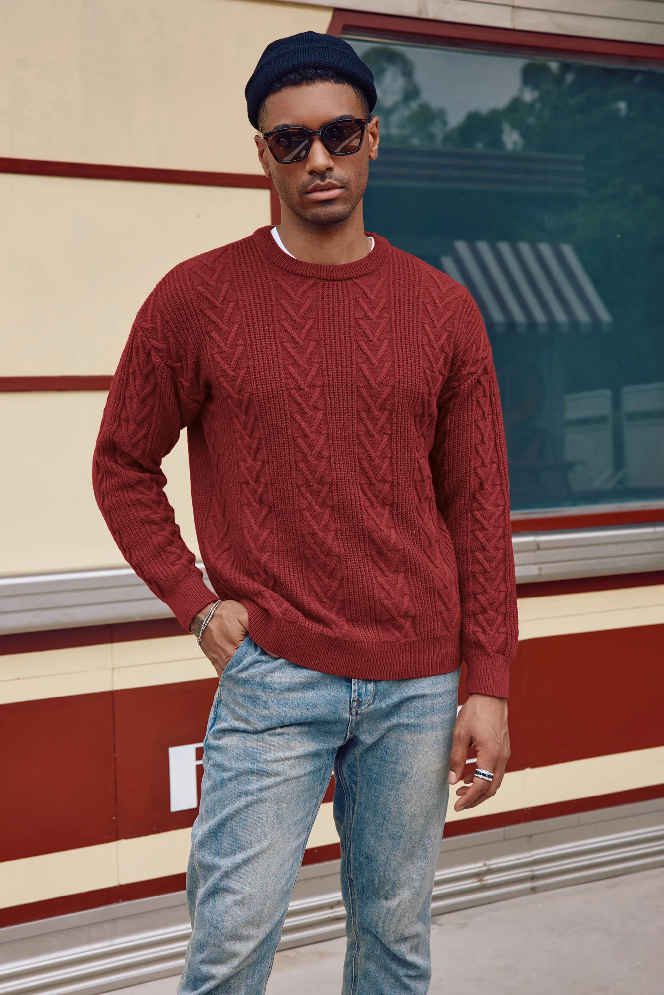 Mens Crewneck Sweater Casual Cable Knit Pullover Sweater Drop Shoulder Solid Knitted Sweaters - Image 35
