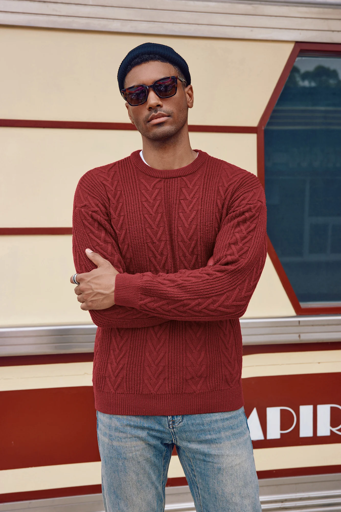 Mens Crewneck Sweater Casual Cable Knit Pullover Sweater Drop Shoulder Solid Knitted Sweaters - Image 36