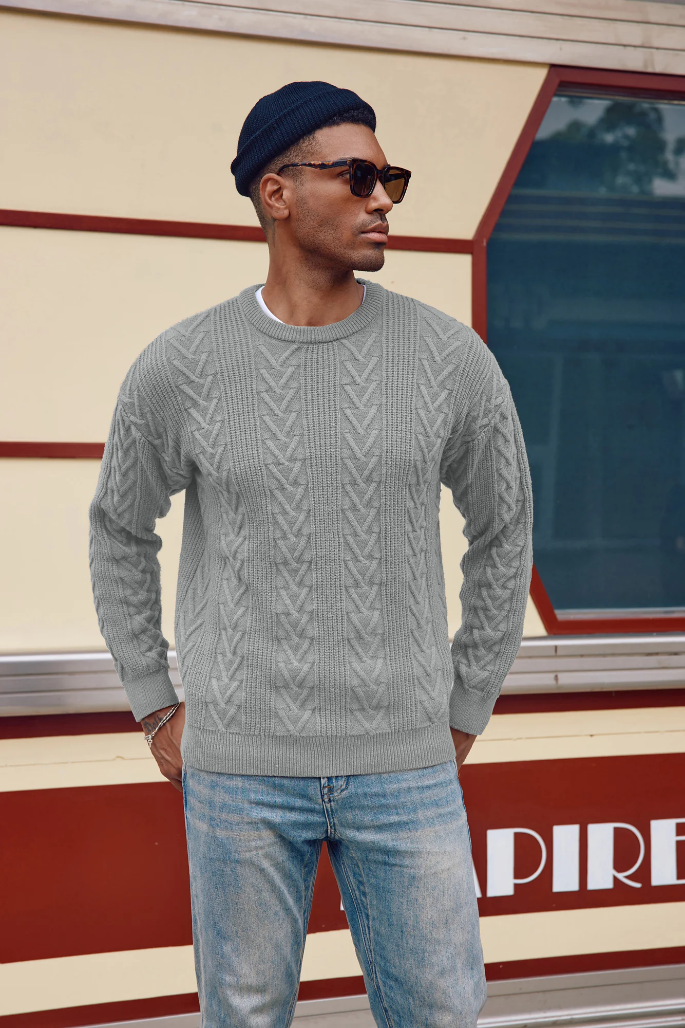 Mens Crewneck Sweater Casual Cable Knit Pullover Sweater Drop Shoulder Solid Knitted Sweaters - Image 37