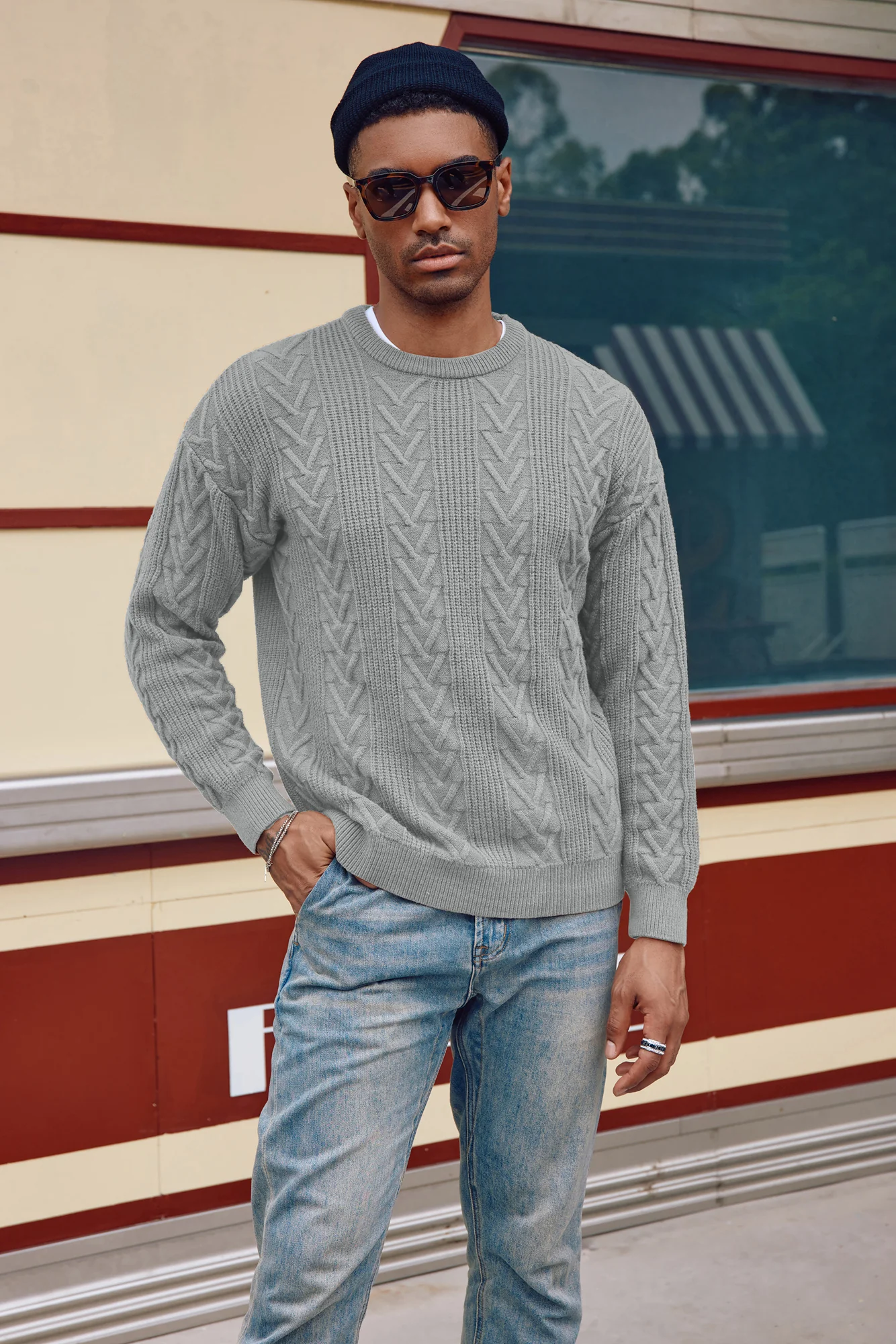Mens Crewneck Sweater Casual Cable Knit Pullover Sweater Drop Shoulder Solid Knitted Sweaters - Image 39