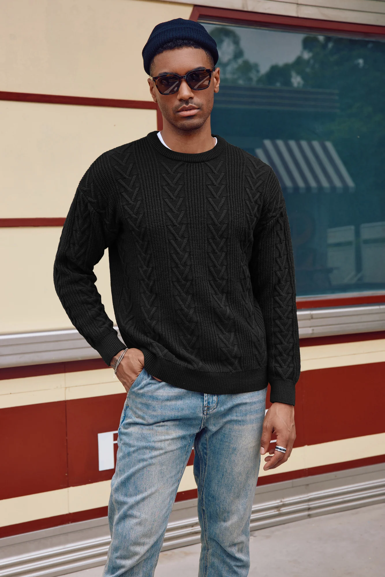 Mens Crewneck Sweater Casual Cable Knit Pullover Sweater Drop Shoulder Solid Knitted Sweaters - Image 4