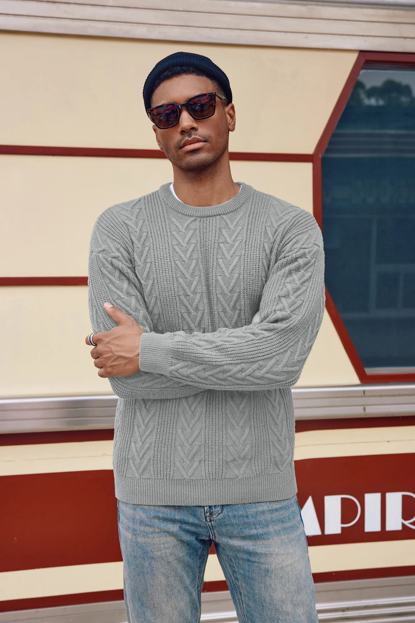 Mens Crewneck Sweater Casual Cable Knit Pullover Sweater Drop Shoulder Solid Knitted Sweaters - Image 40