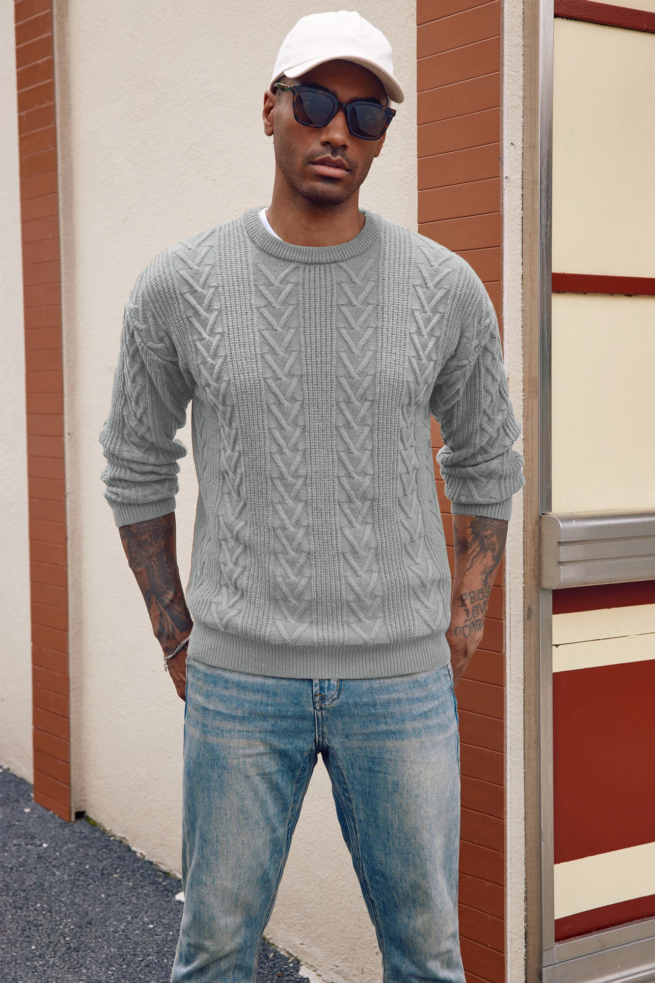 Mens Crewneck Sweater Casual Cable Knit Pullover Sweater Drop Shoulder Solid Knitted Sweaters - Image 41