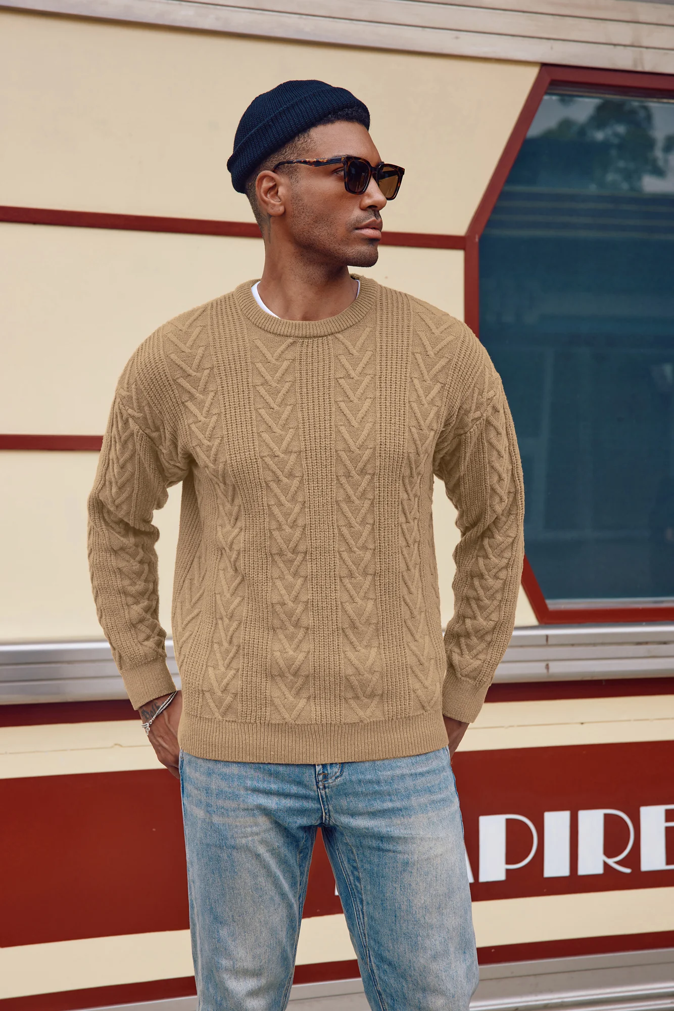 Mens Crewneck Sweater Casual Cable Knit Pullover Sweater Drop Shoulder Solid Knitted Sweaters - Image 42