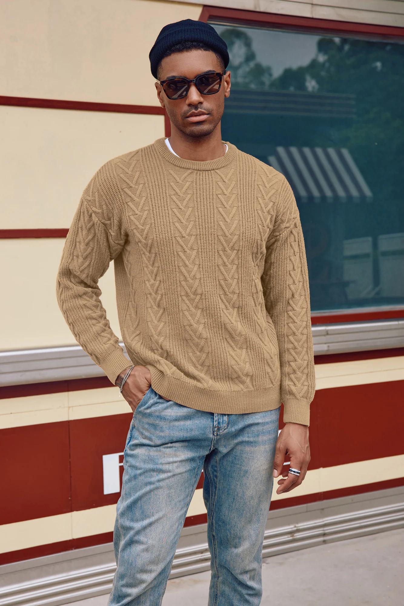 Mens Crewneck Sweater Casual Cable Knit Pullover Sweater Drop Shoulder Solid Knitted Sweaters - Image 44