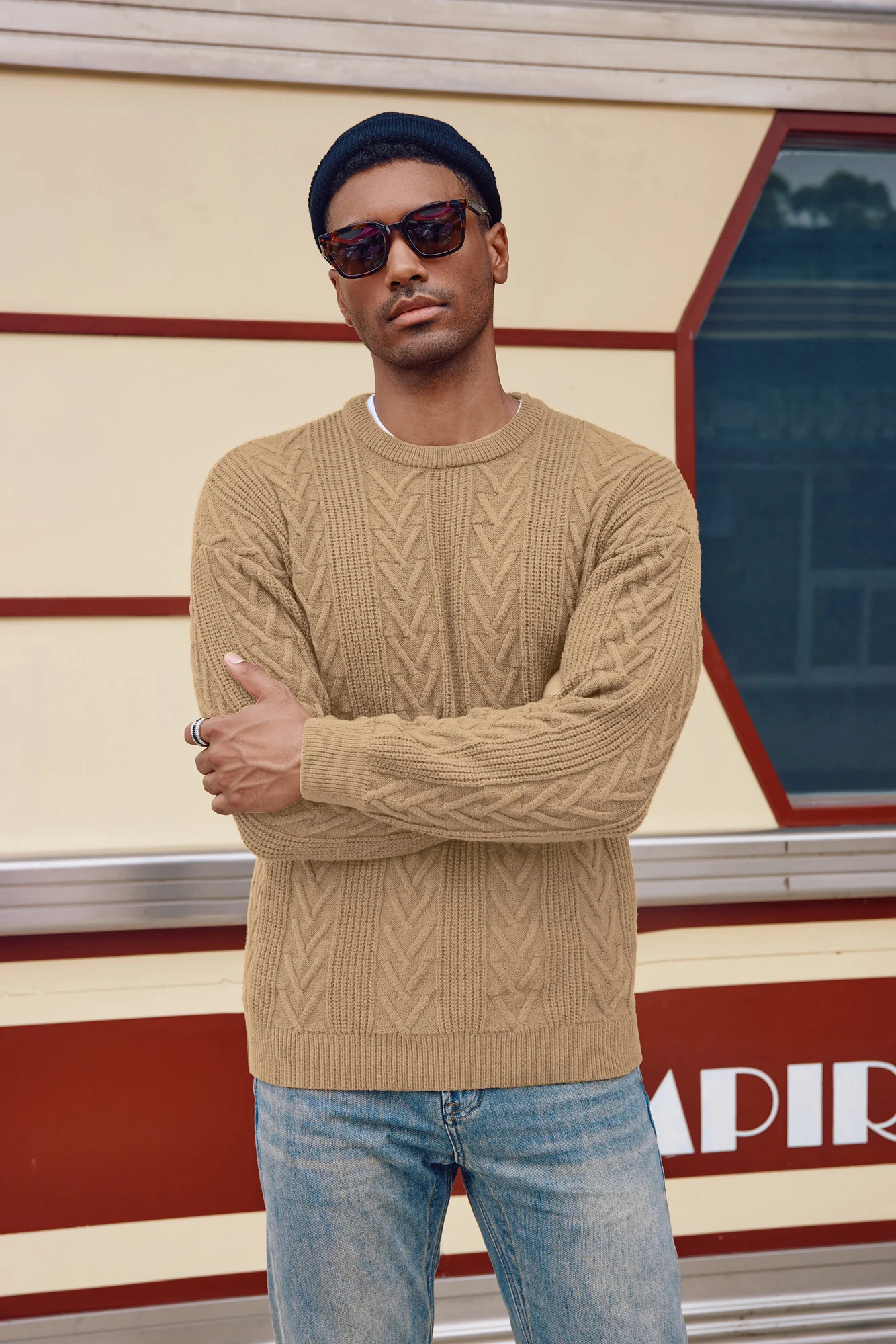 Mens Crewneck Sweater Casual Cable Knit Pullover Sweater Drop Shoulder Solid Knitted Sweaters - Image 45