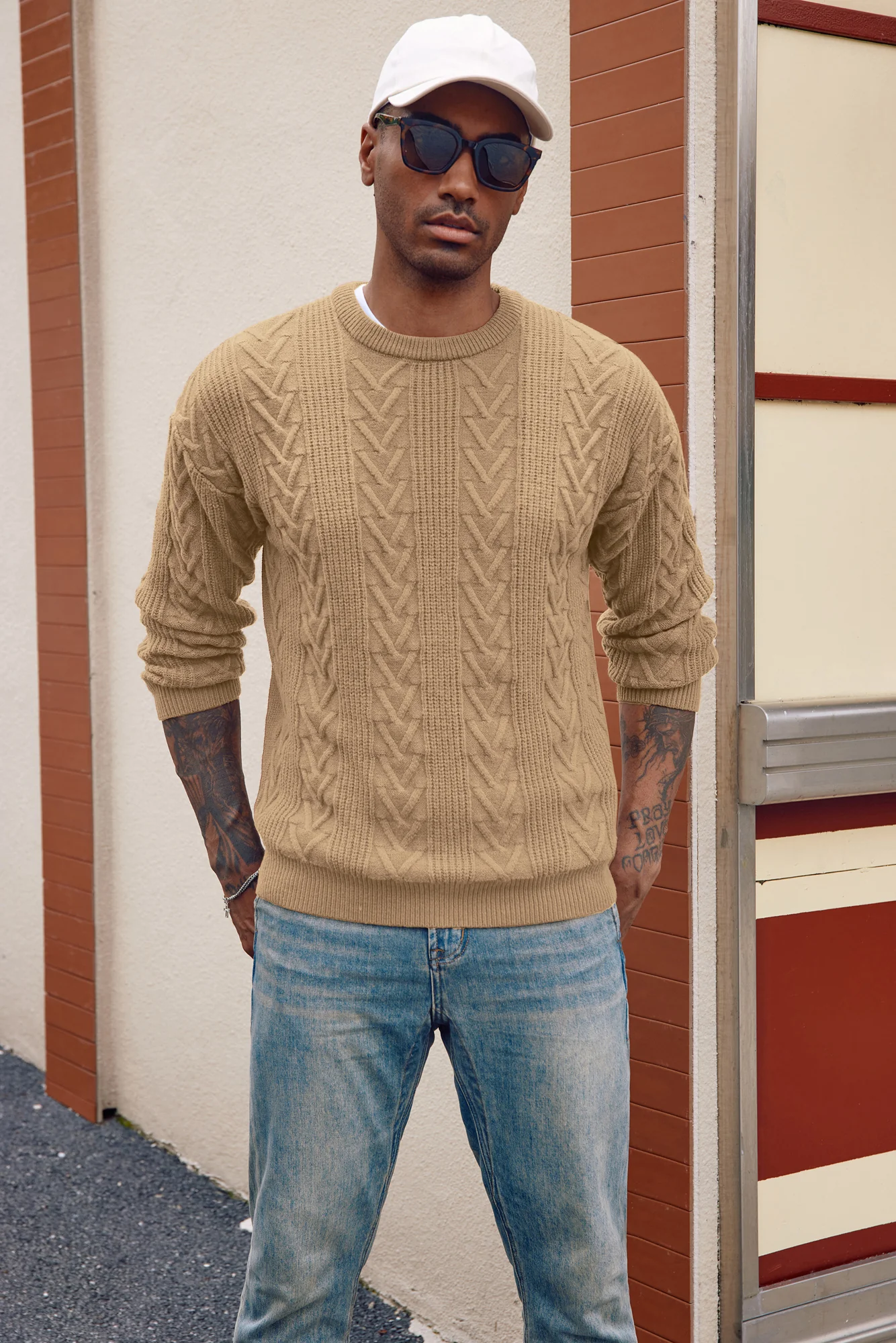 Mens Crewneck Sweater Casual Cable Knit Pullover Sweater Drop Shoulder Solid Knitted Sweaters - Image 46