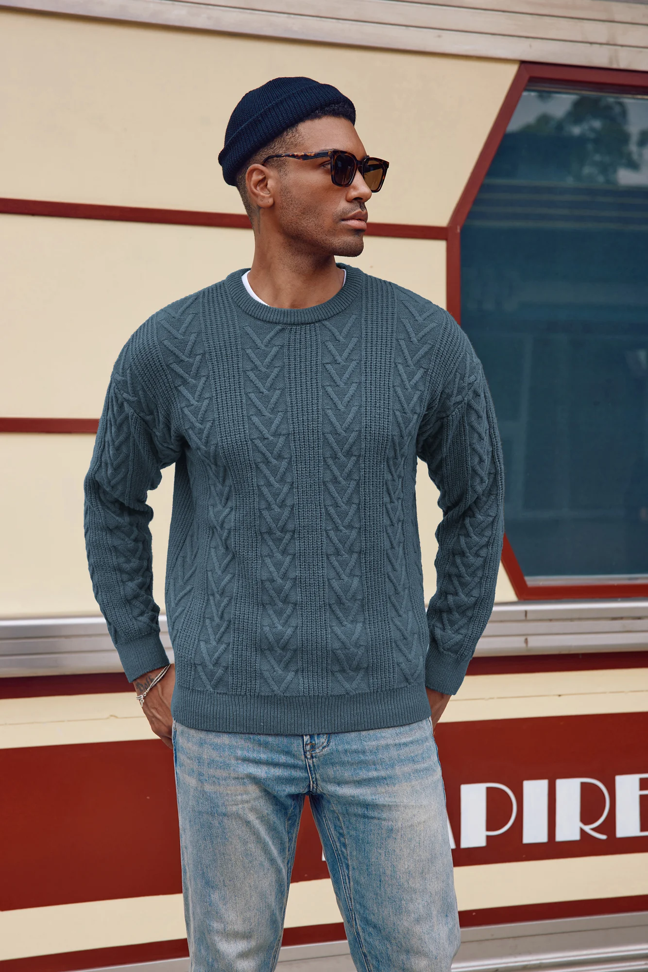 Mens Crewneck Sweater Casual Cable Knit Pullover Sweater Drop Shoulder Solid Knitted Sweaters - Image 48