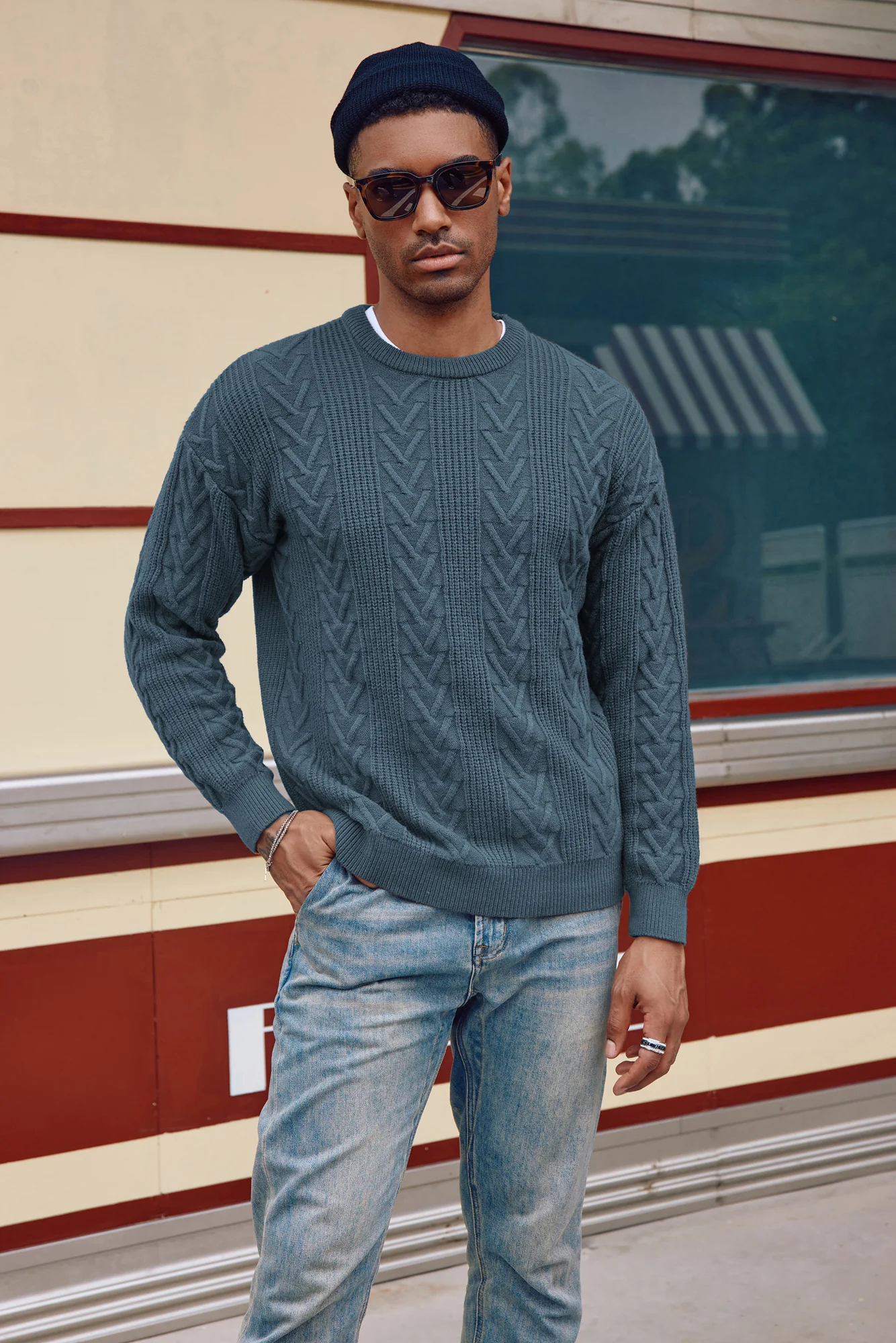 Mens Crewneck Sweater Casual Cable Knit Pullover Sweater Drop Shoulder Solid Knitted Sweaters - Image 49