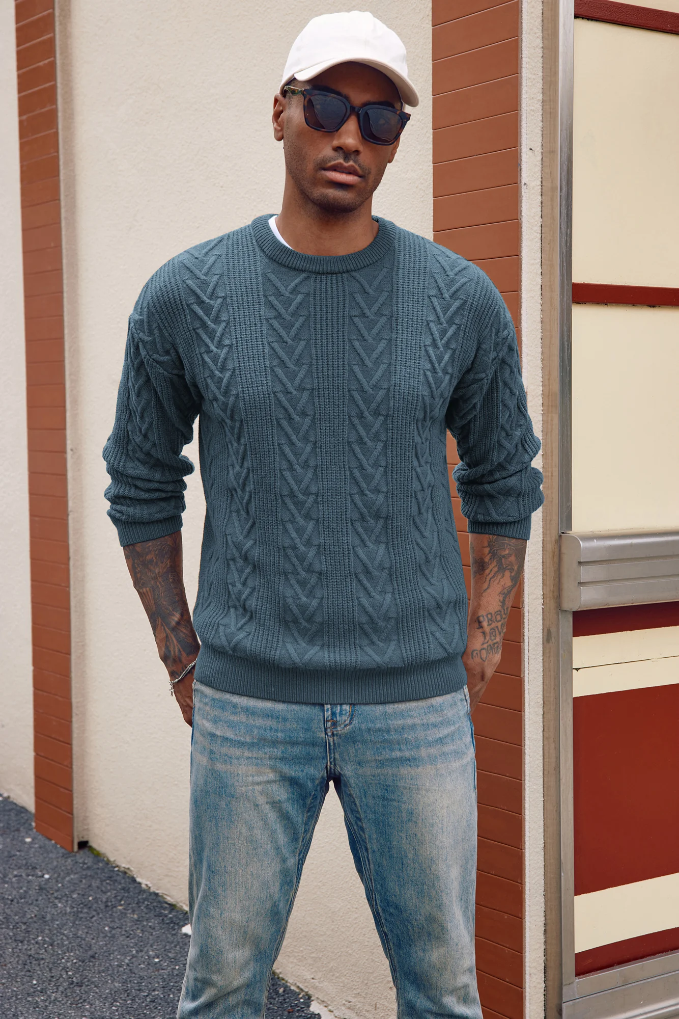 Mens Crewneck Sweater Casual Cable Knit Pullover Sweater Drop Shoulder Solid Knitted Sweaters - Image 51