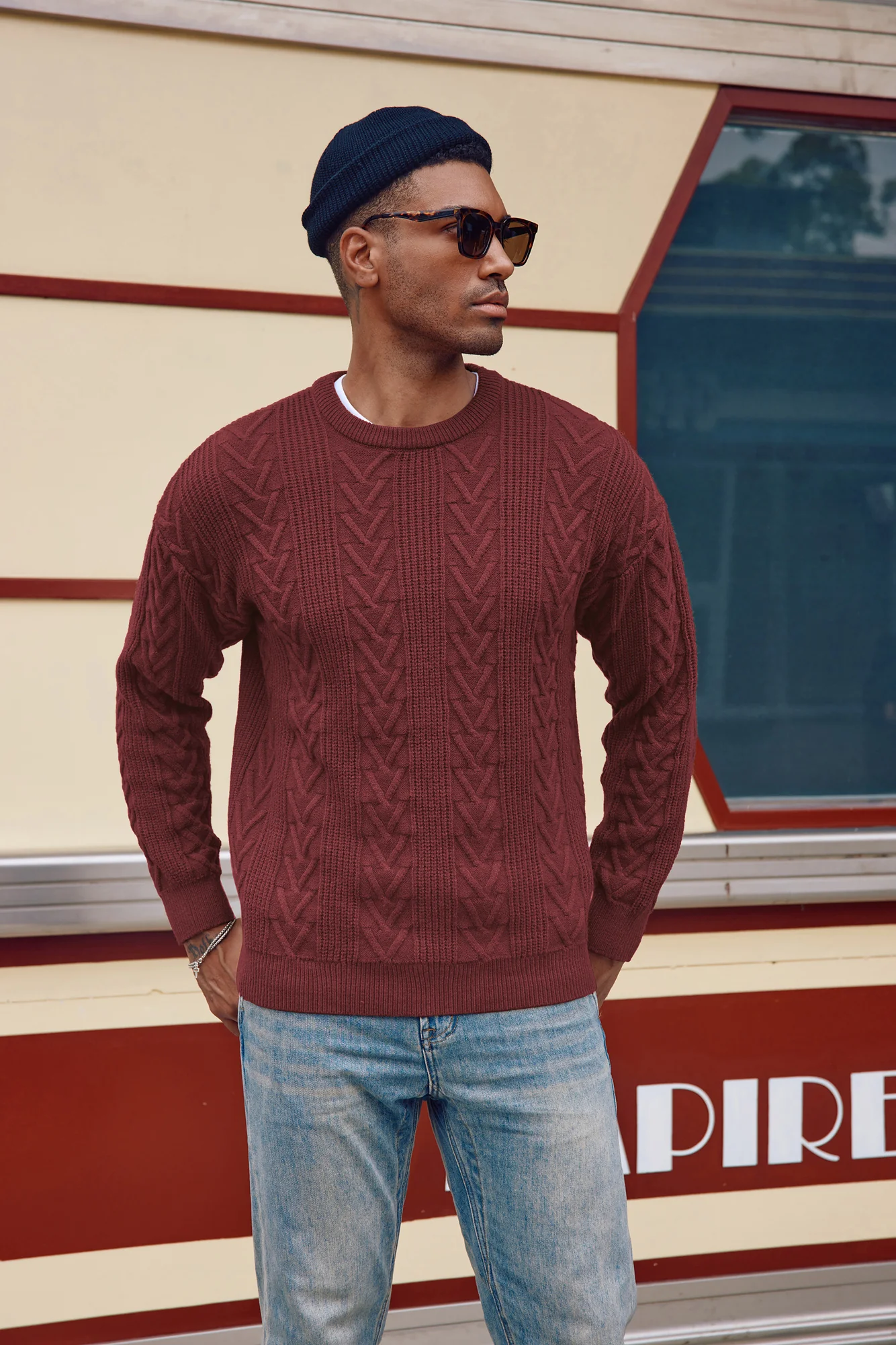 Mens Crewneck Sweater Casual Cable Knit Pullover Sweater Drop Shoulder Solid Knitted Sweaters - Image 52