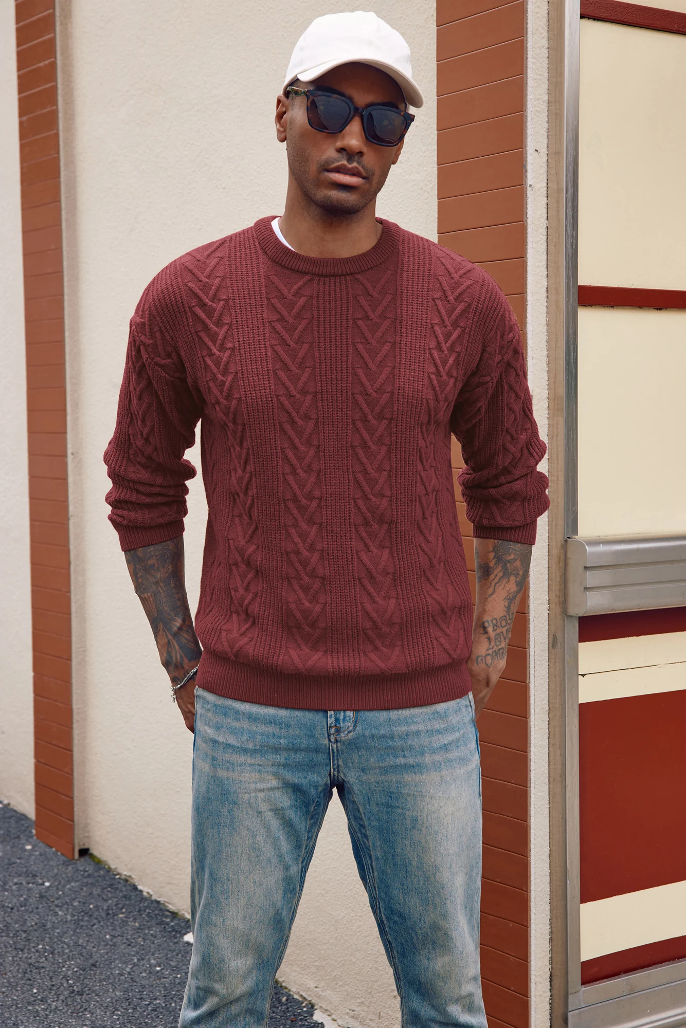 Mens Crewneck Sweater Casual Cable Knit Pullover Sweater Drop Shoulder Solid Knitted Sweaters - Image 56