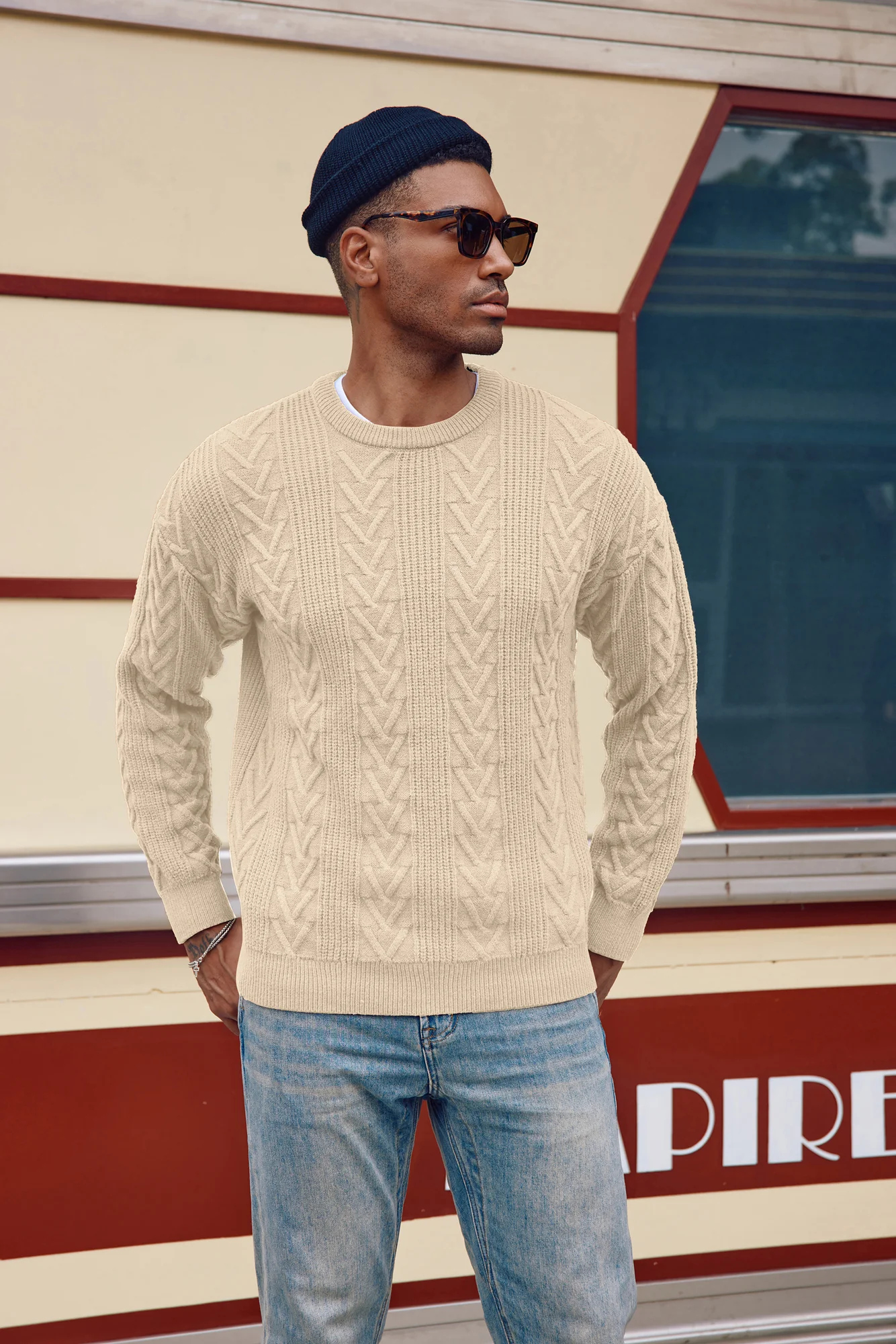 Mens Crewneck Sweater Casual Cable Knit Pullover Sweater Drop Shoulder Solid Knitted Sweaters - Image 57
