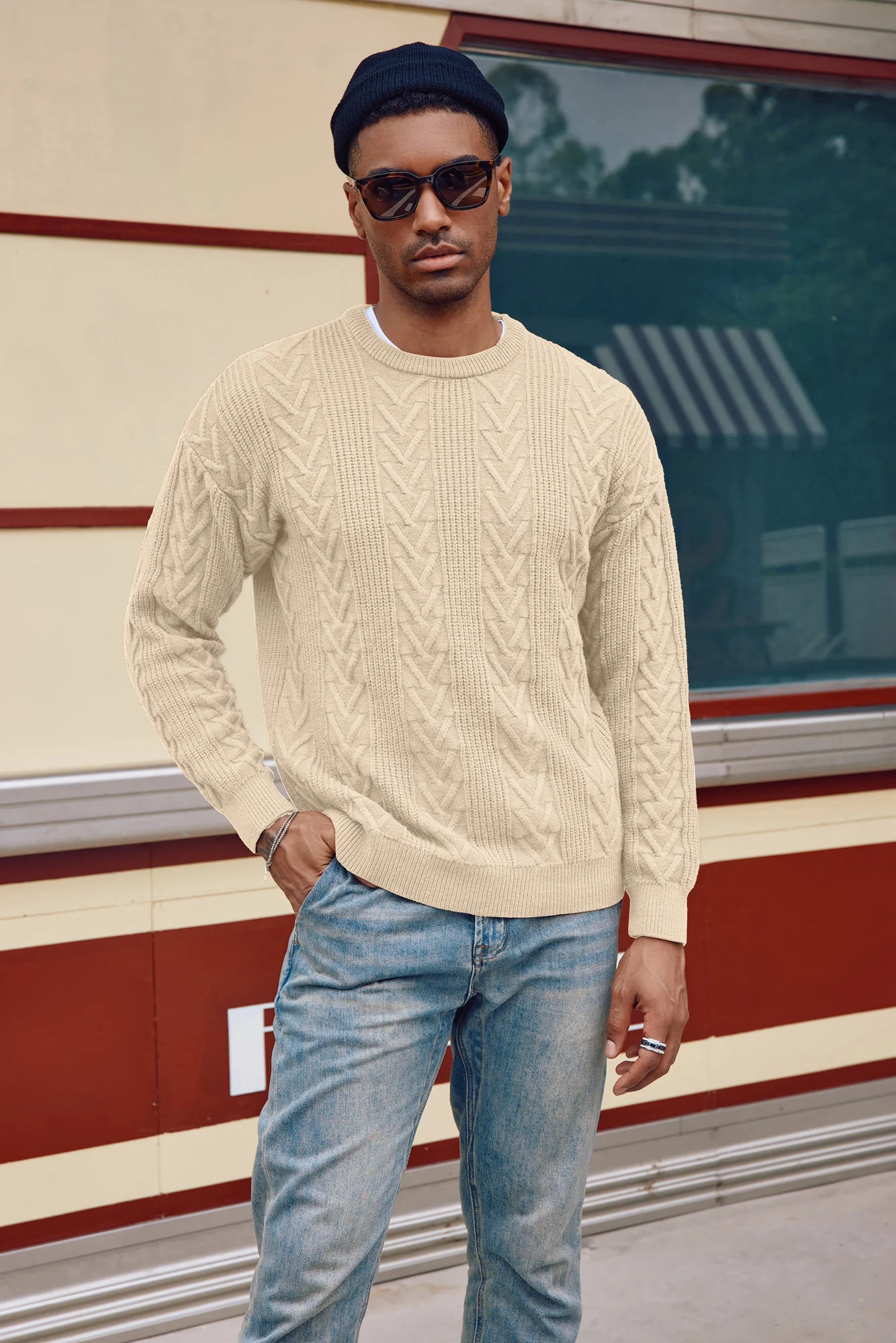 Mens Crewneck Sweater Casual Cable Knit Pullover Sweater Drop Shoulder Solid Knitted Sweaters - Image 59