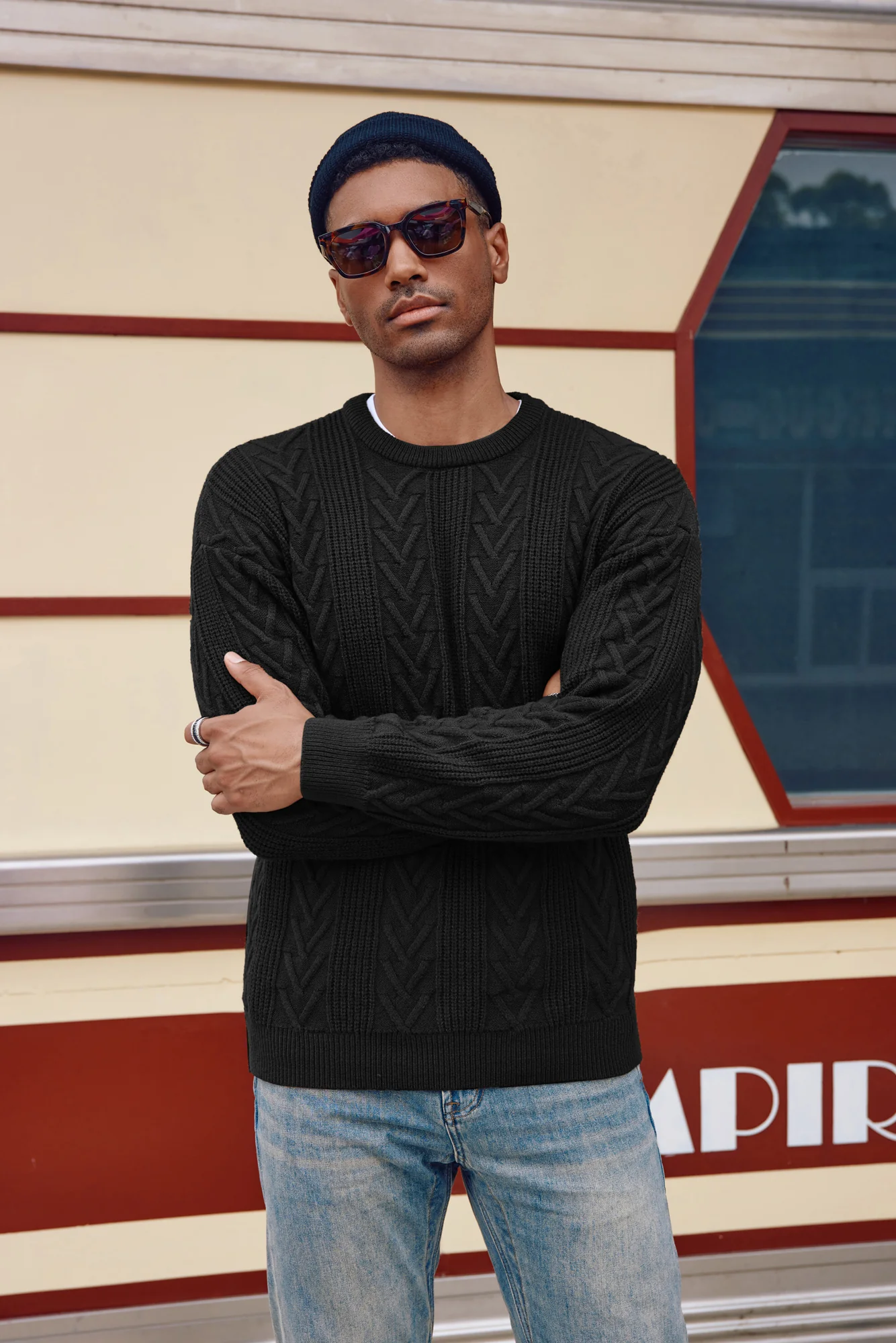 Mens Crewneck Sweater Casual Cable Knit Pullover Sweater Drop Shoulder Solid Knitted Sweaters - Image 6