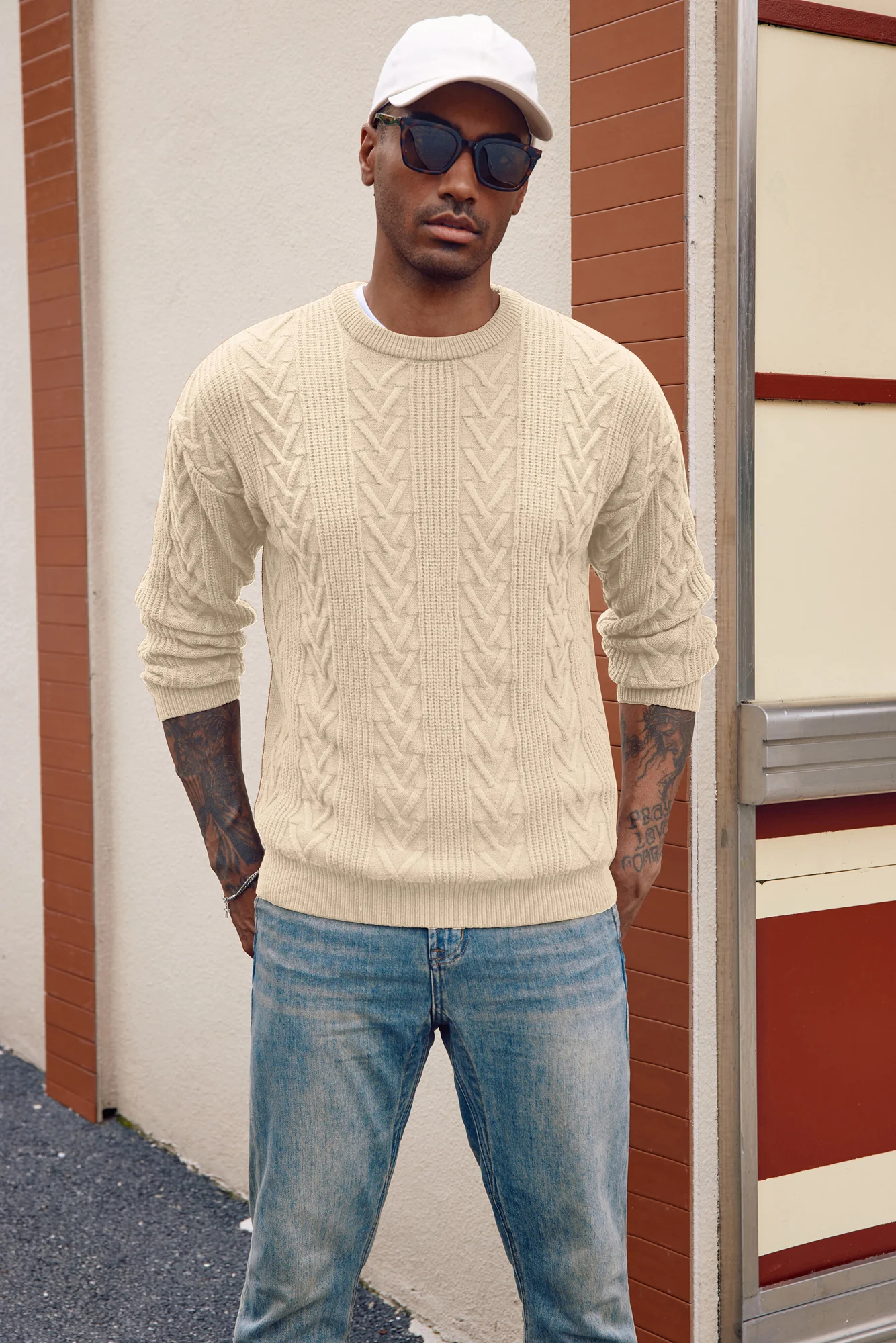 Mens Crewneck Sweater Casual Cable Knit Pullover Sweater Drop Shoulder Solid Knitted Sweaters - Image 60