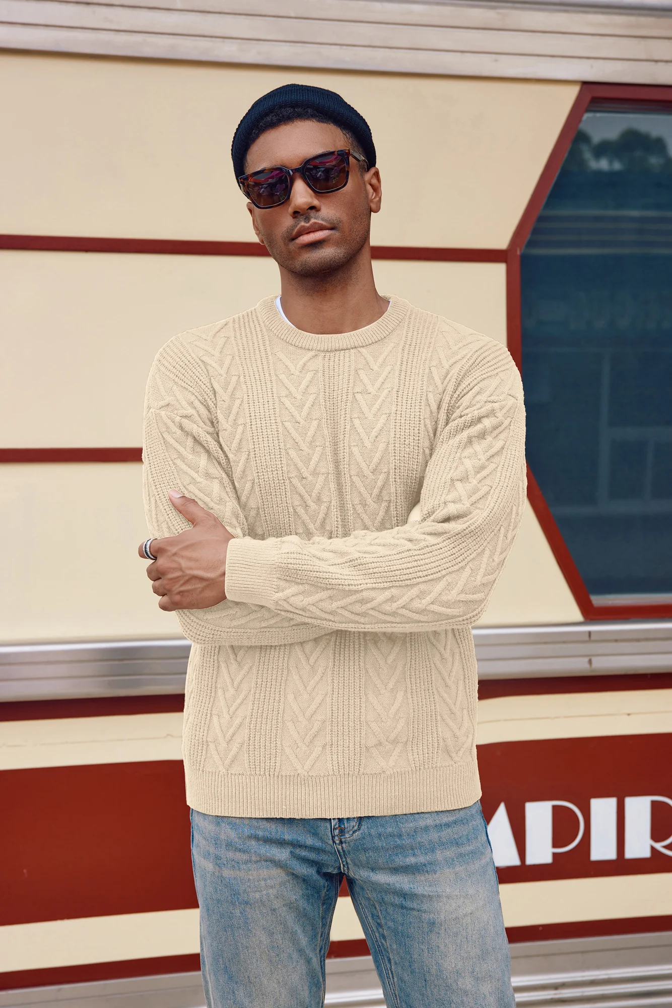 Mens Crewneck Sweater Casual Cable Knit Pullover Sweater Drop Shoulder Solid Knitted Sweaters - Image 61