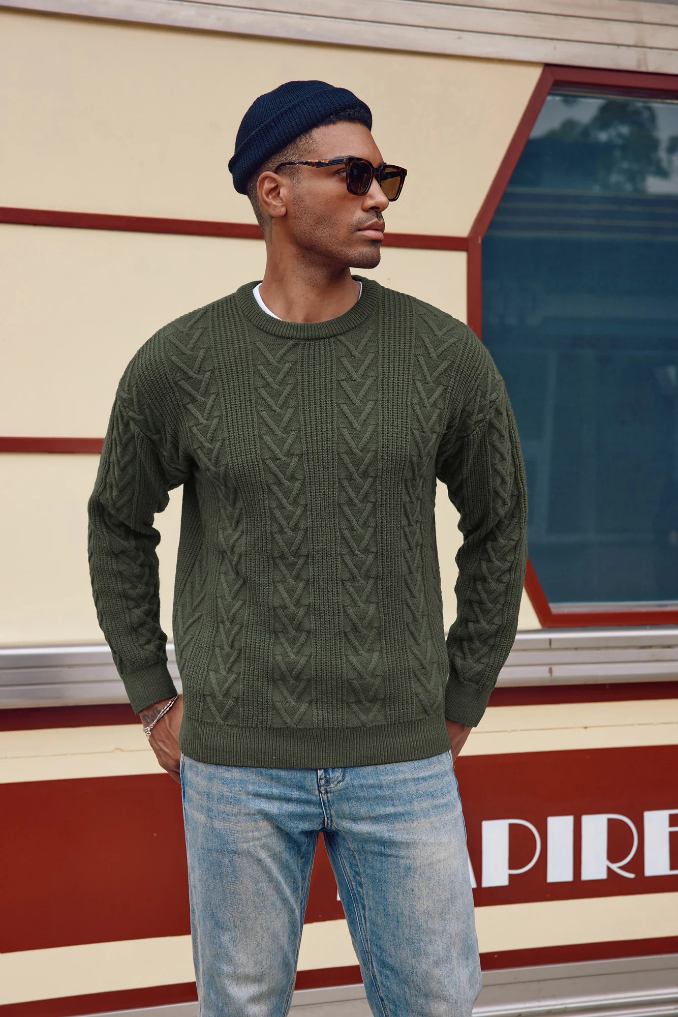 Mens Crewneck Sweater Casual Cable Knit Pullover Sweater Drop Shoulder Solid Knitted Sweaters - Image 63