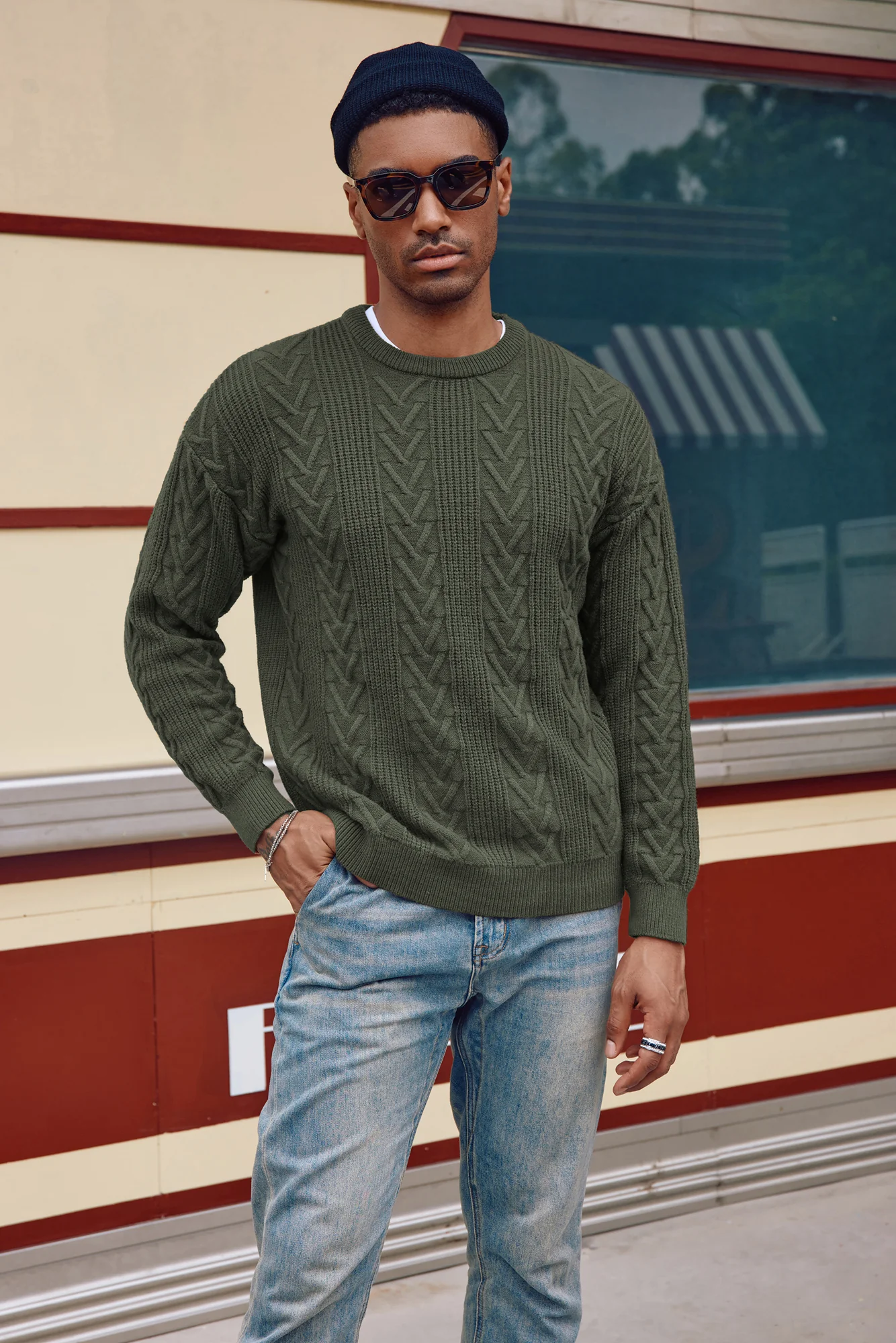 Mens Crewneck Sweater Casual Cable Knit Pullover Sweater Drop Shoulder Solid Knitted Sweaters - Image 64