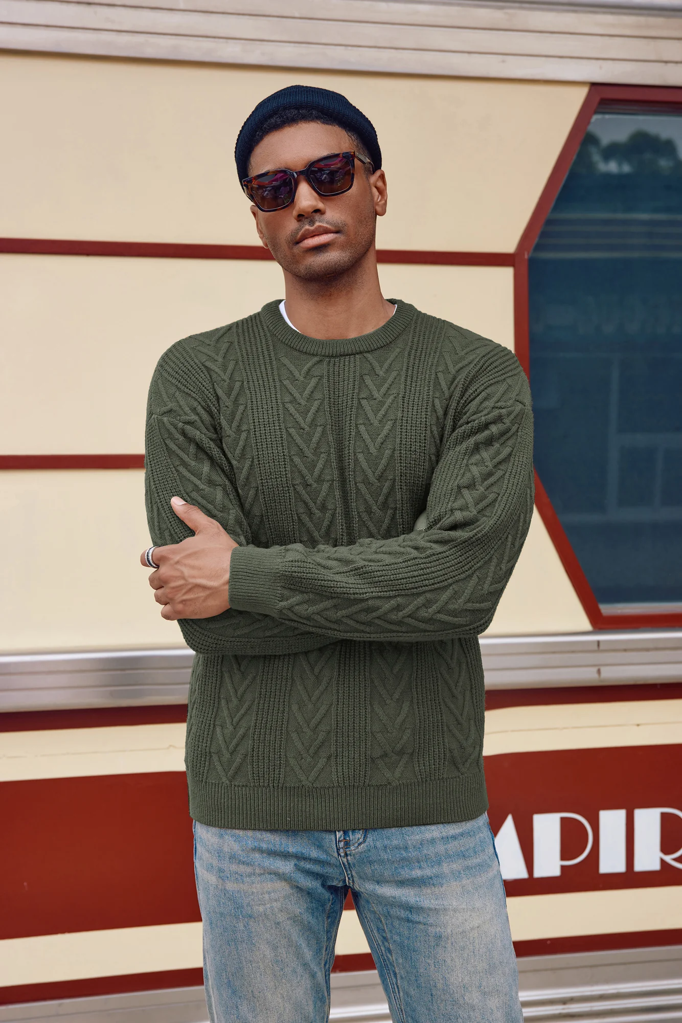 Mens Crewneck Sweater Casual Cable Knit Pullover Sweater Drop Shoulder Solid Knitted Sweaters - Image 65