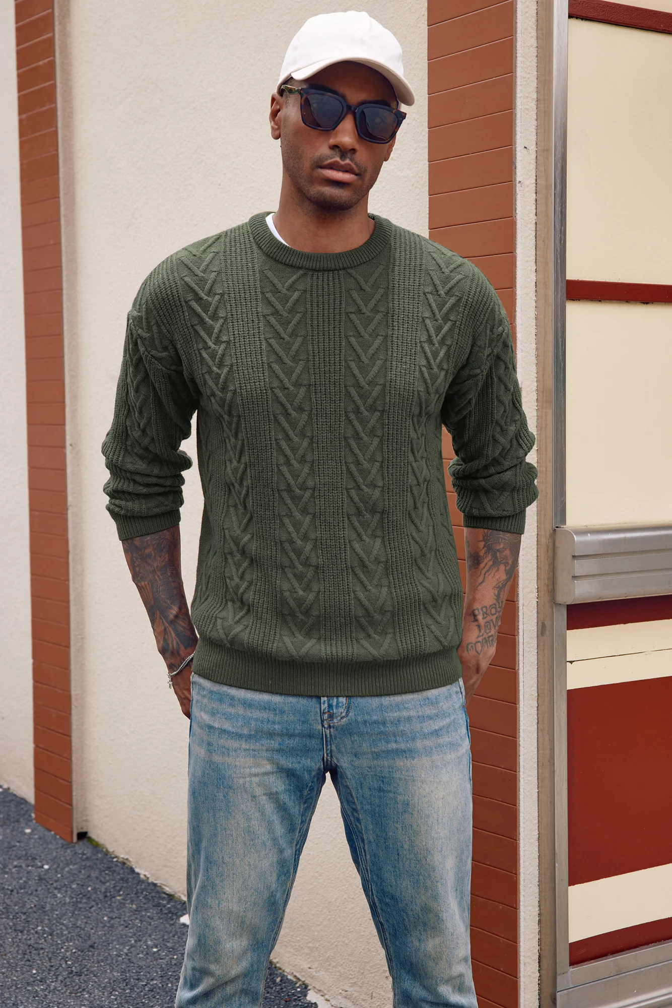 Mens Crewneck Sweater Casual Cable Knit Pullover Sweater Drop Shoulder Solid Knitted Sweaters - Image 66