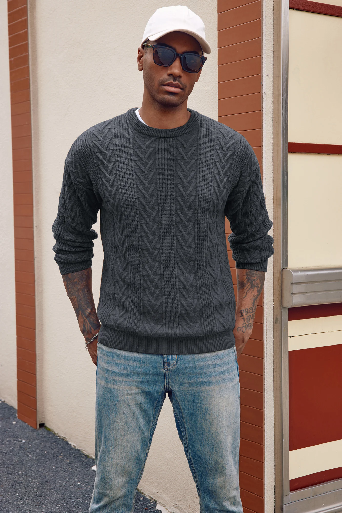 Mens Crewneck Sweater Casual Cable Knit Pullover Sweater Drop Shoulder Solid Knitted Sweaters - Image 68