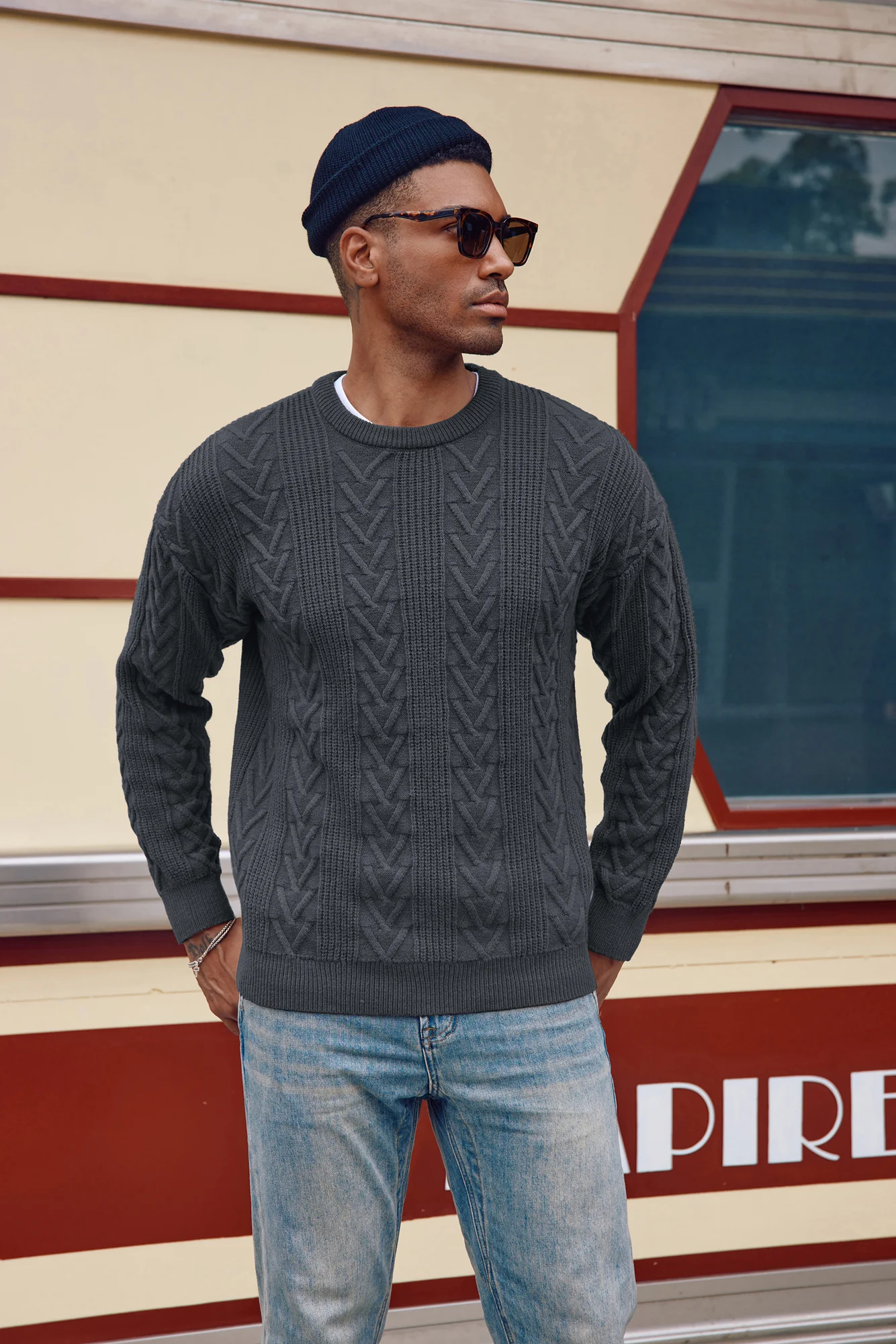 Mens Crewneck Sweater Casual Cable Knit Pullover Sweater Drop Shoulder Solid Knitted Sweaters - Image 69