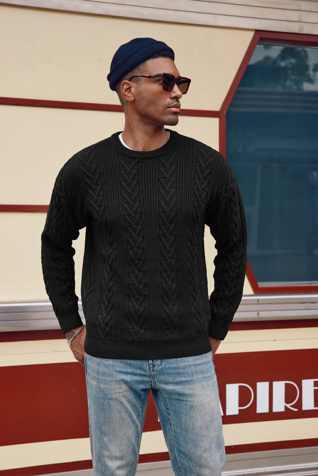 Mens Crewneck Sweater Casual Cable Knit Pullover Sweater Drop Shoulder Solid Knitted Sweaters - Image 7