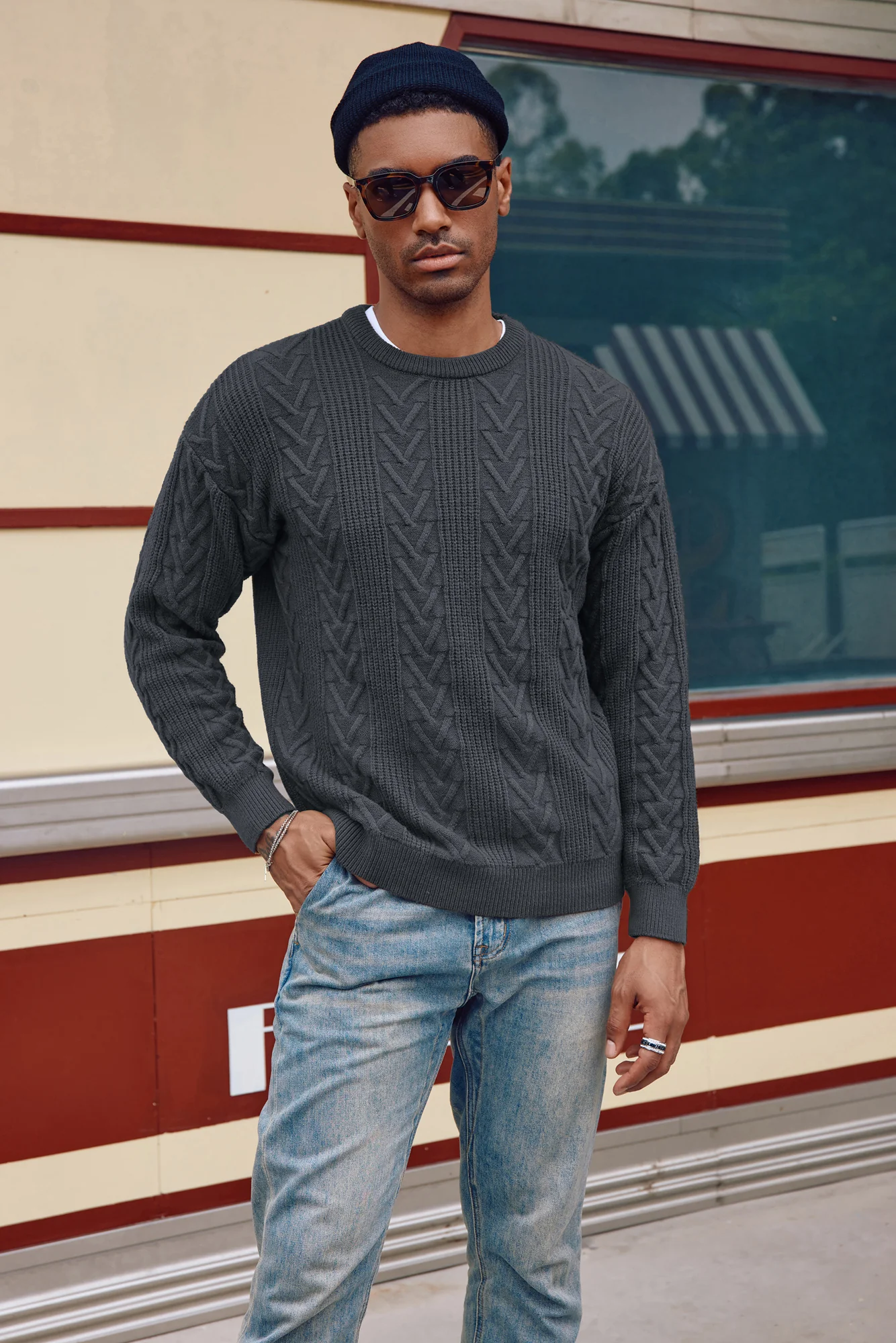 Mens Crewneck Sweater Casual Cable Knit Pullover Sweater Drop Shoulder Solid Knitted Sweaters - Image 70