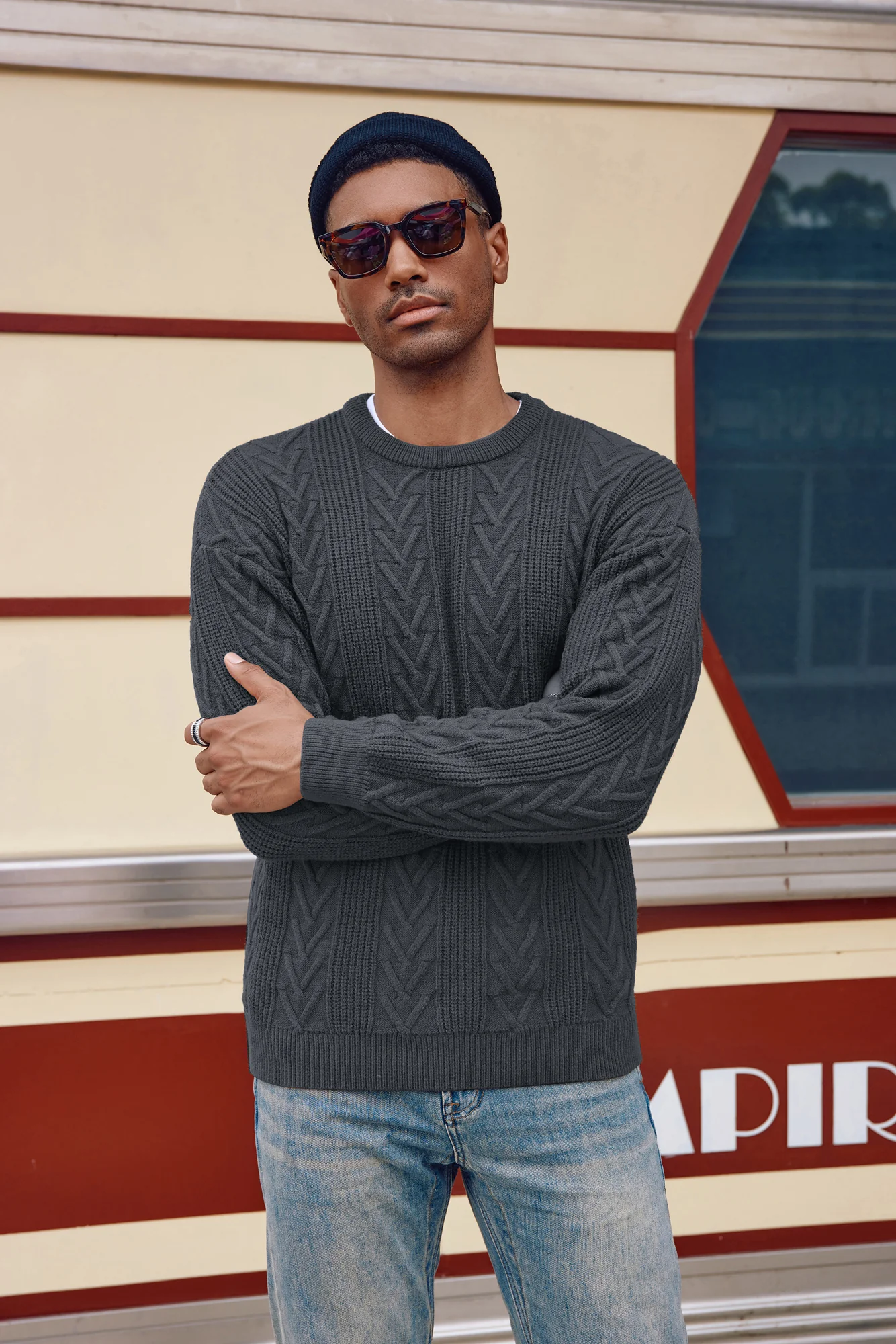Mens Crewneck Sweater Casual Cable Knit Pullover Sweater Drop Shoulder Solid Knitted Sweaters - Image 71