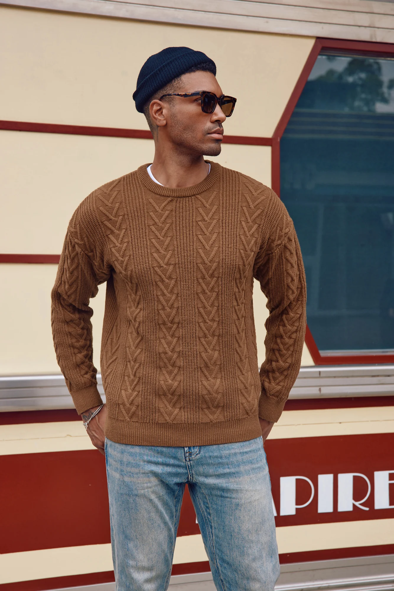 Mens Crewneck Sweater Casual Cable Knit Pullover Sweater Drop Shoulder Solid Knitted Sweaters - Image 9