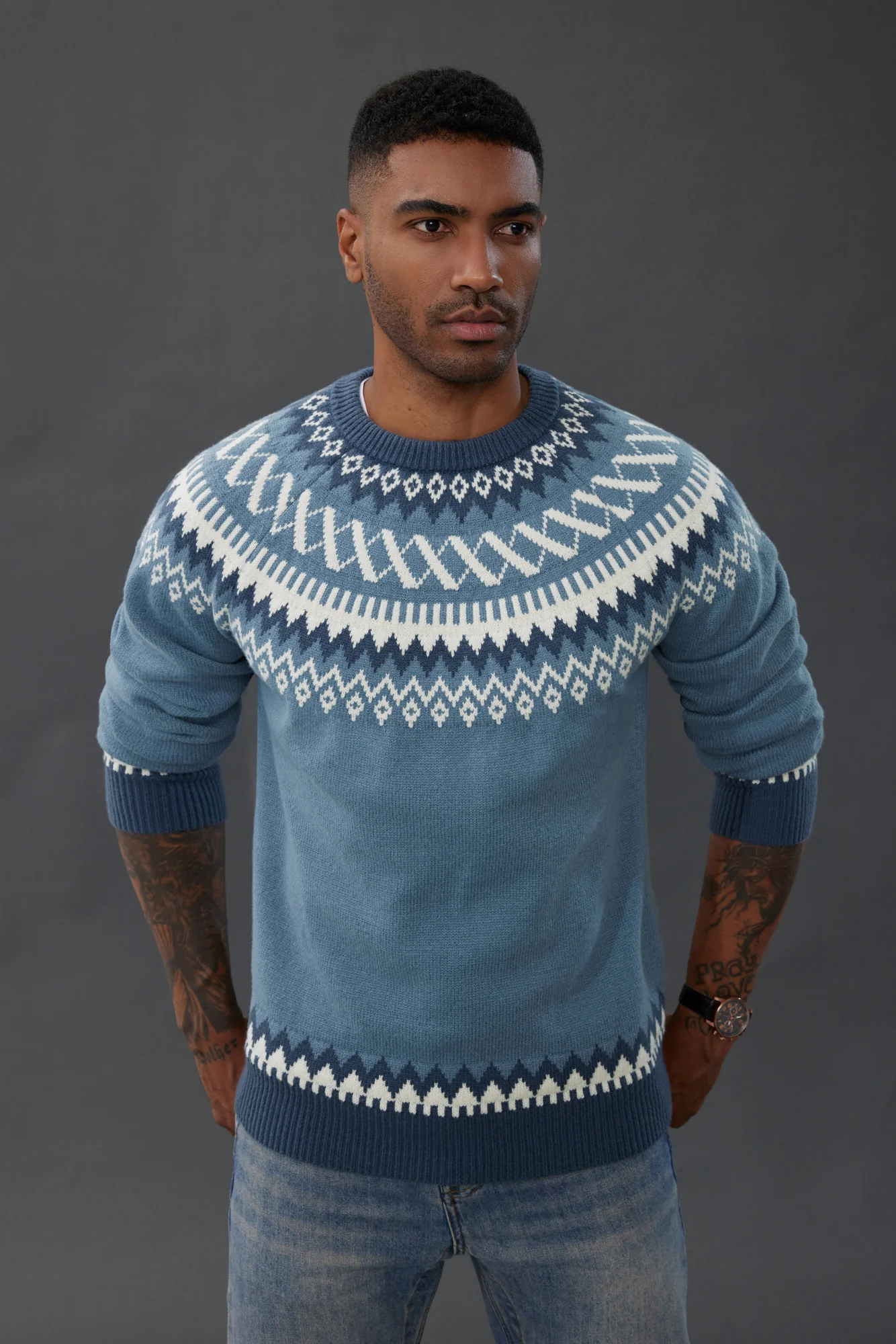 PJ Paul Jones Men's Fair Isle Crewneck Sweater Vintage Casual Pattern Knit Long Sleeve Pullover Sweater - Image 19
