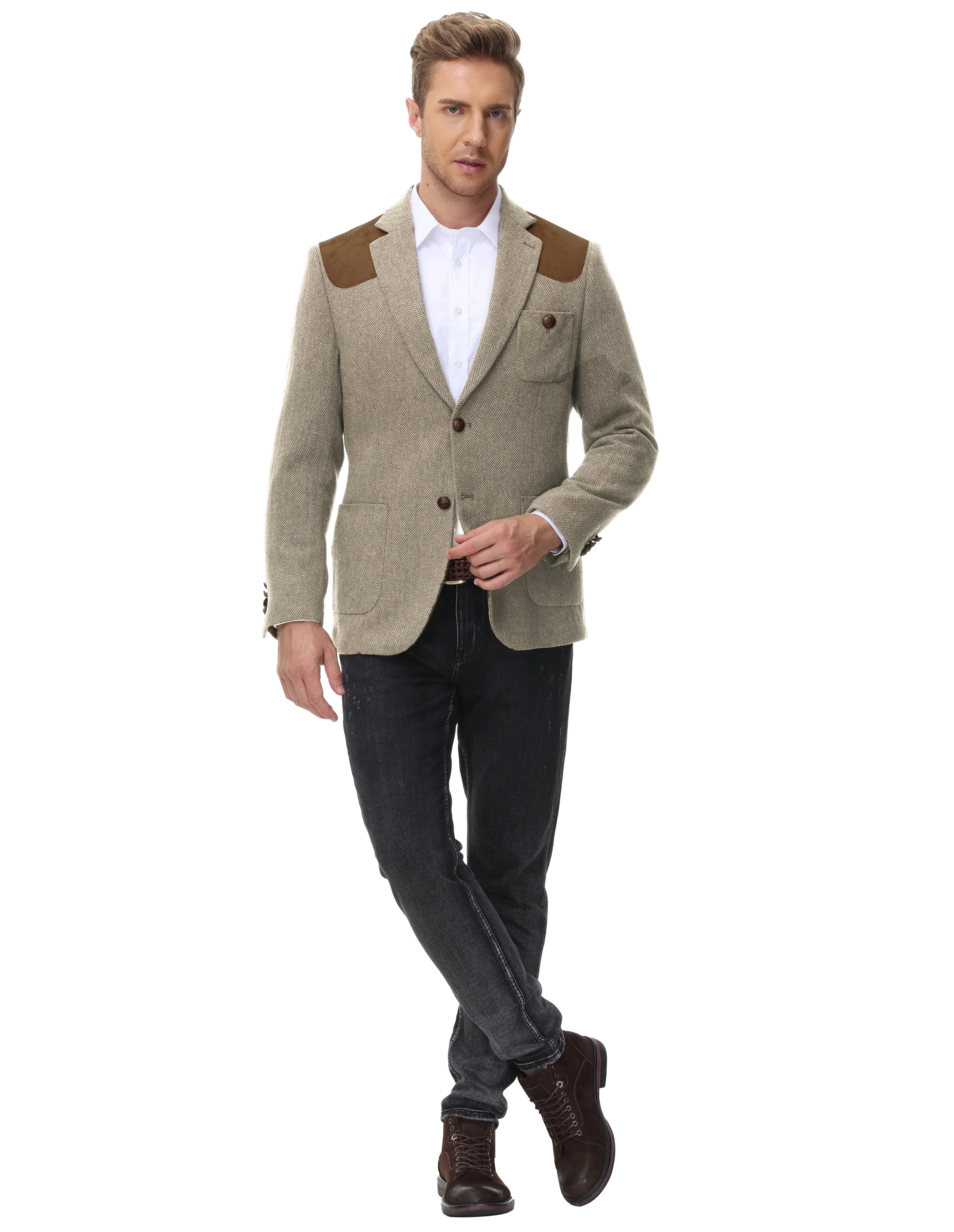 Mens British Wool Blend Suit Two Button Blazer Patchwork Tweed Sport Coats - Image 14