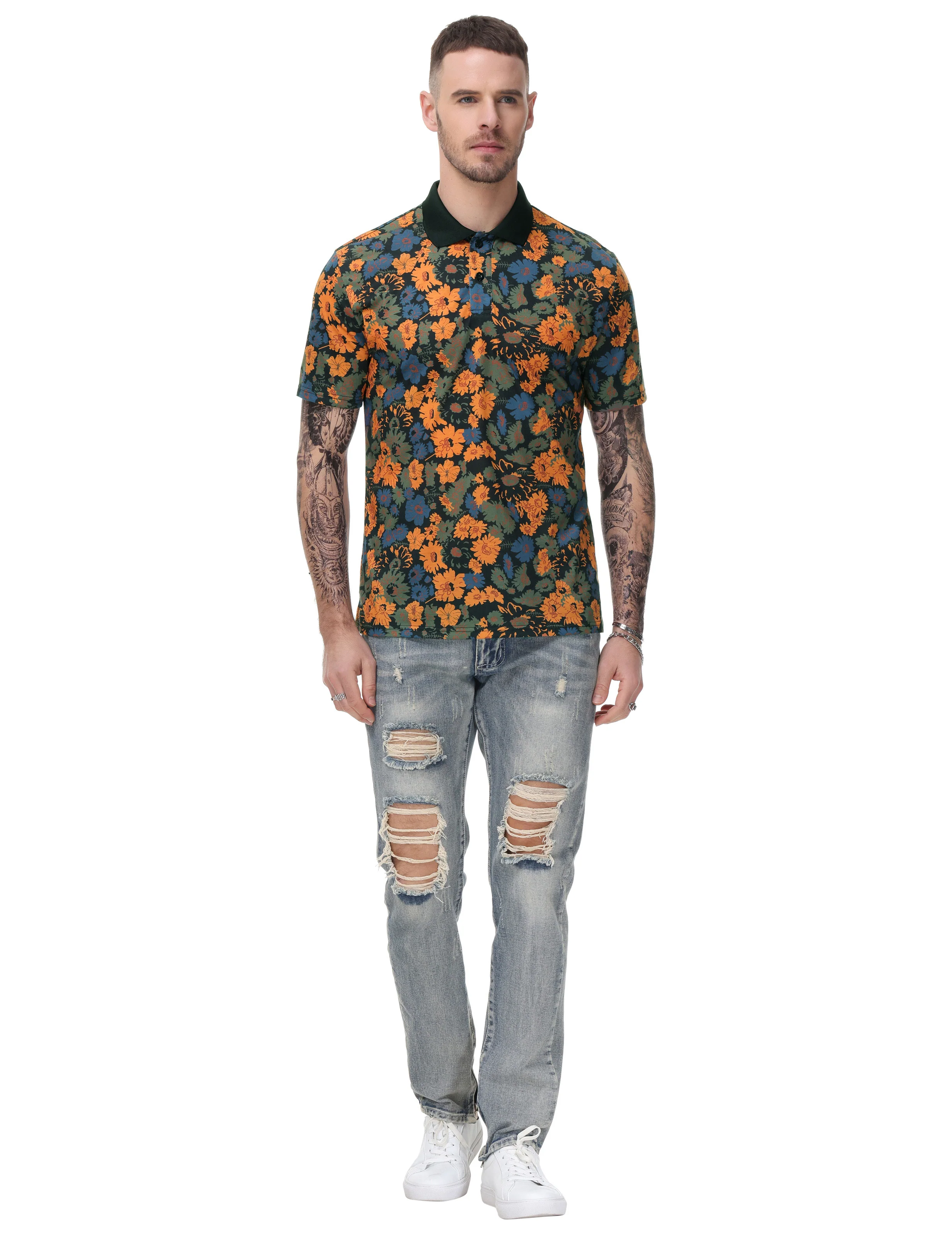 Mens Flower Polo Shirts Vintage Print Casual Tee Pullover Shirts for Summer - Image 11