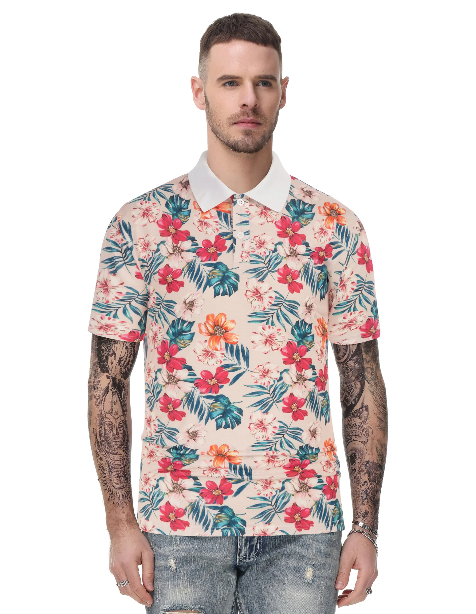 Mens Flower Polo Shirts Vintage Print Casual Tee Pullover Shirts for Summer - Image 24